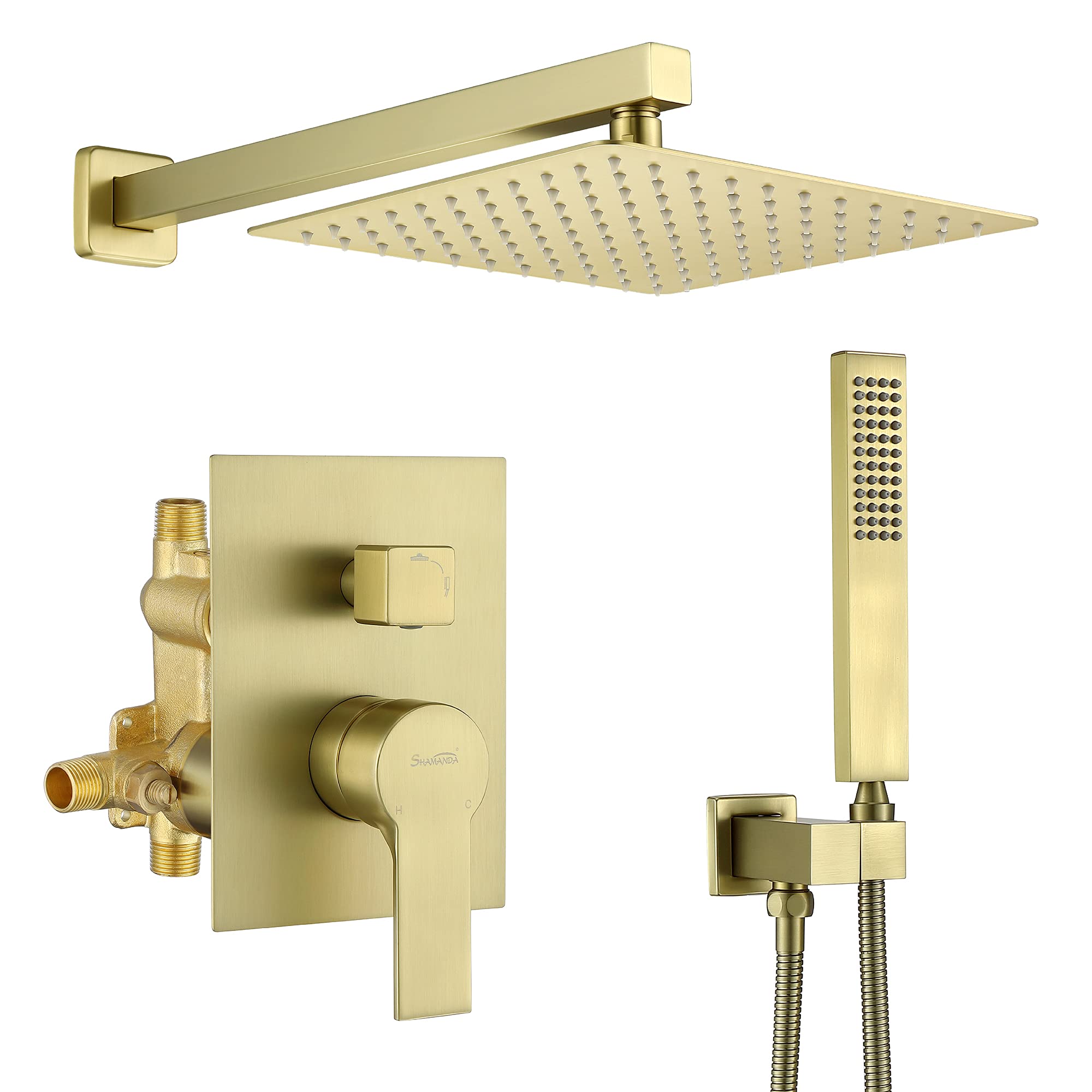 SHAMANDA 10-Inch Rain Shower Head with Handheld Sprayer - Pressure Balancing Shower System Combo Set in Brushed Gold - Wall Mount Bathroom Faucet with Rough-In Valve (Model L701-3) - Perfect for Luxurious Spa-Like Showers and Modern Bathroom Upgrades