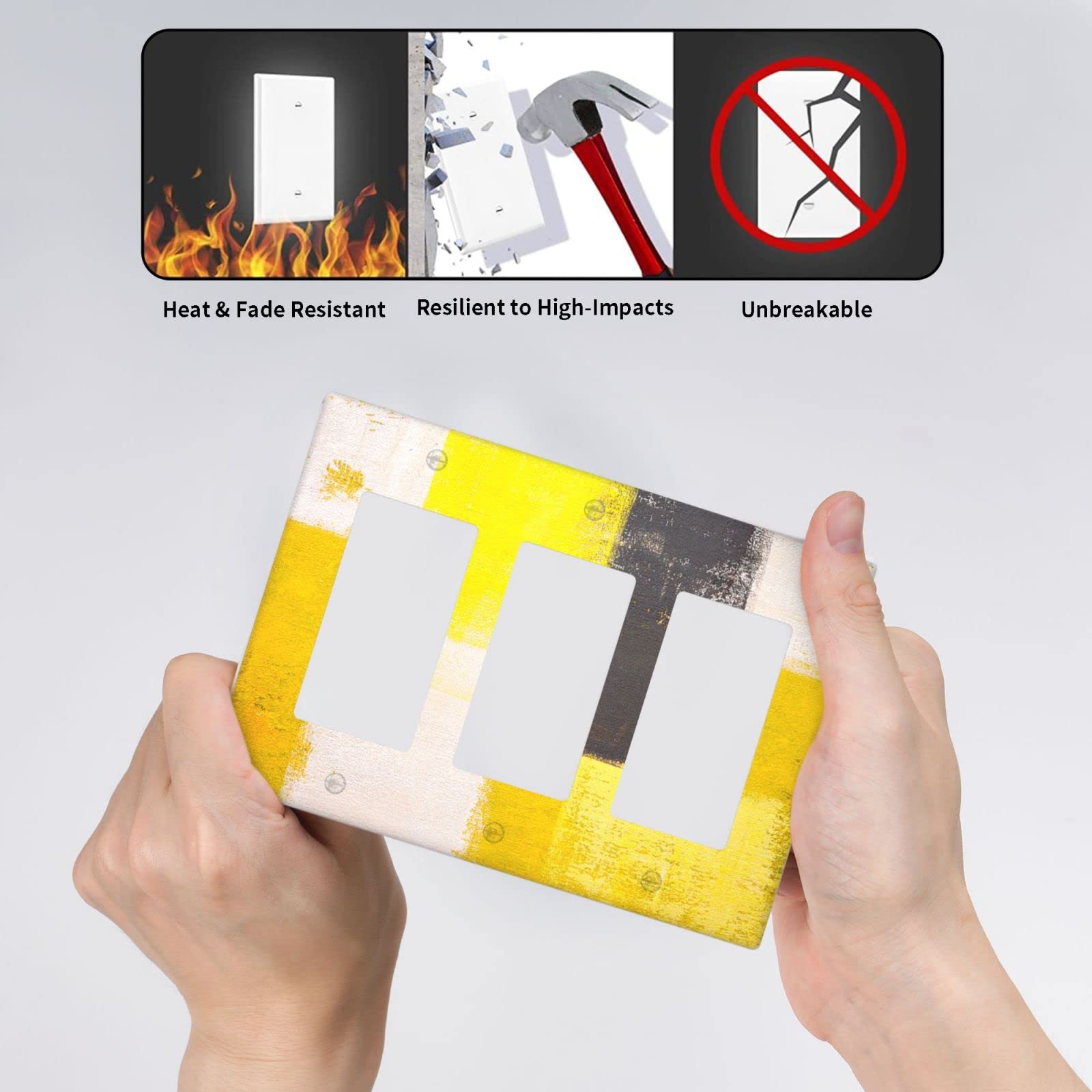 Abstract Beige Yellow Grey Triple Rocker Light Switch Cover - Decorative 3 Gang Wall Plate for Home & Office - Funny Lightswitch Faceplate 4.50 x 6.38 Inch - Perfect for Living Room, Bedroom, Kitchen Decor