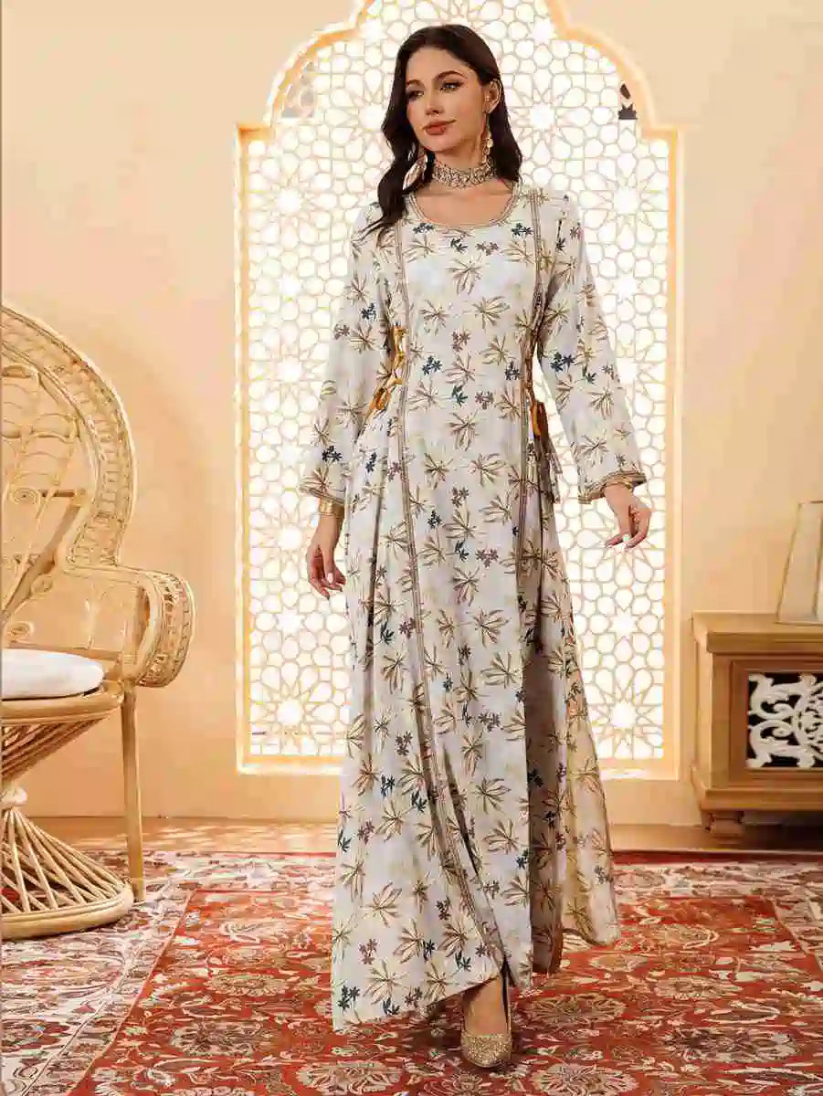 Floral Printed Eid Caftan Dress for Women - Elegant Long Kaftan with V-Neck & Flowy Sleeves #25441 | Perfect for Eid Celebrations, Summer Parties & Beach Cover-Ups