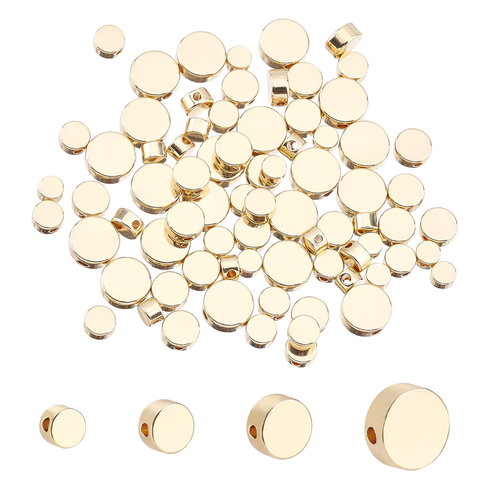PH PandaHall 14K Gold Coin Beads - 80pcs Circle Slices Beads (4/5/6/8mm) Brass Spacer Beads, Flat Round Metal Spacers for Jewelry Making - Durable Tiny Disc Loose Beads for Bracelets & Necklaces - Perfect for DIY Crafts, Gifts, and Fashion Accessories
