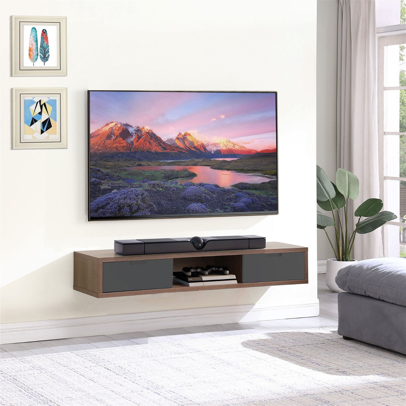 Criterion 1500mm Dark Oak Wall Mounted TV Stand with Grey Drawers - Modern Entertainment Center for Living Room & Home Theater Setup