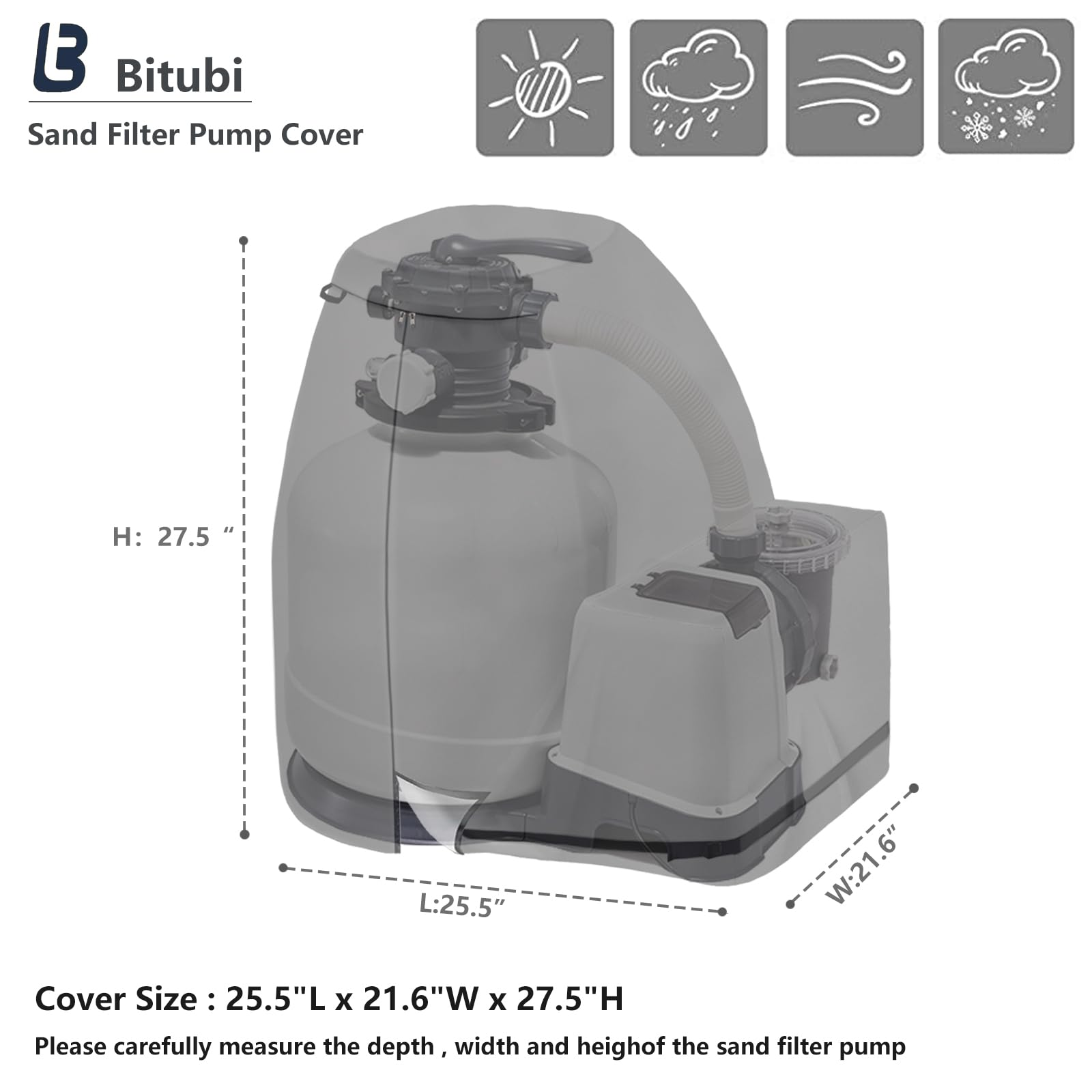 Bitubi Sand Filter Pump Winter Cover with Plush Lining - Waterproof Above Ground Pool Pump Cover for Snow & Sun Protection - Universal Black Design - Perfect for Winterizing and Protecting Pool Equipment from Harsh Weather