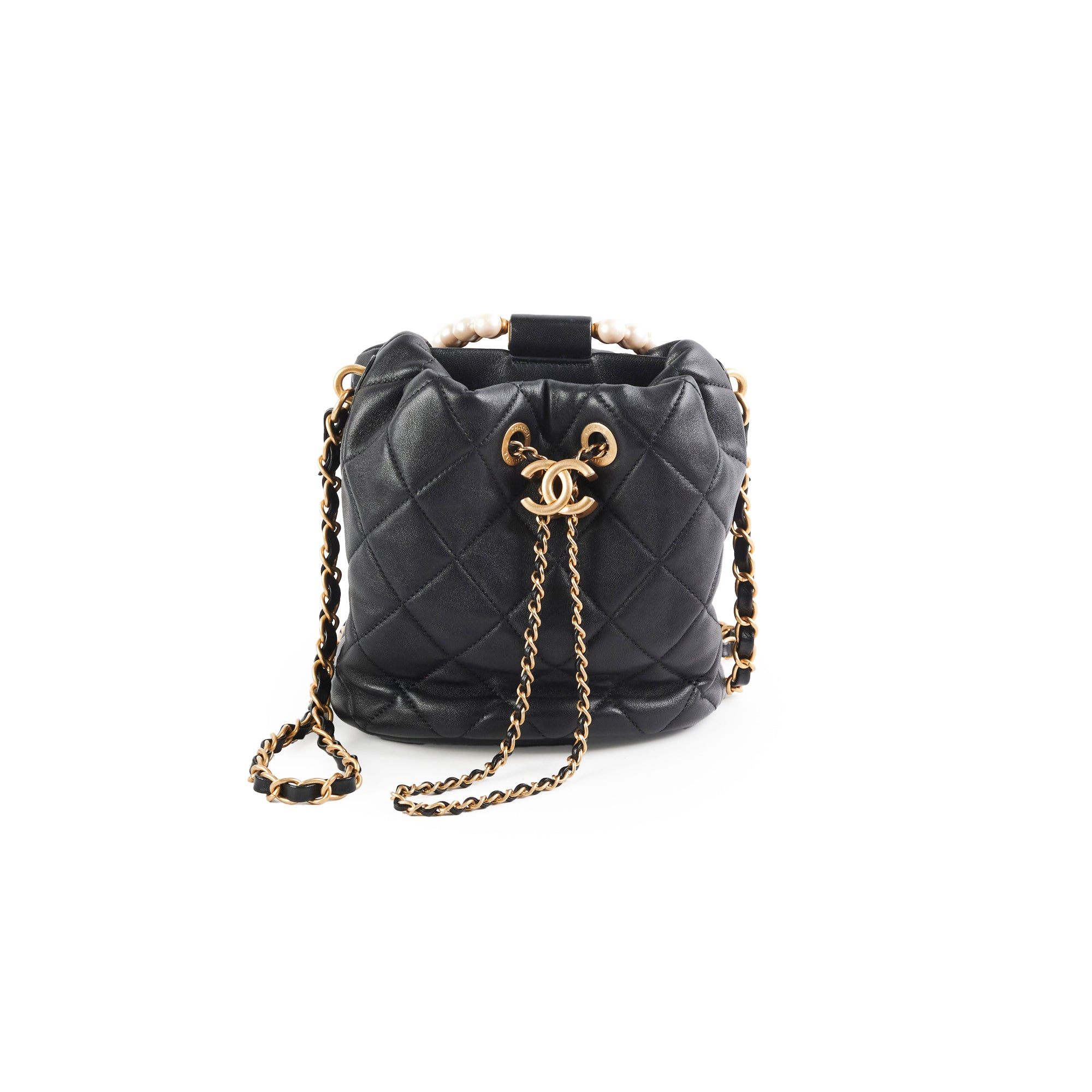 Chanel Black Lambskin Pearl Top Handle Bucket Bag - Luxury Designer Handbag for Women, Perfect for Evening Parties & Special Occasions