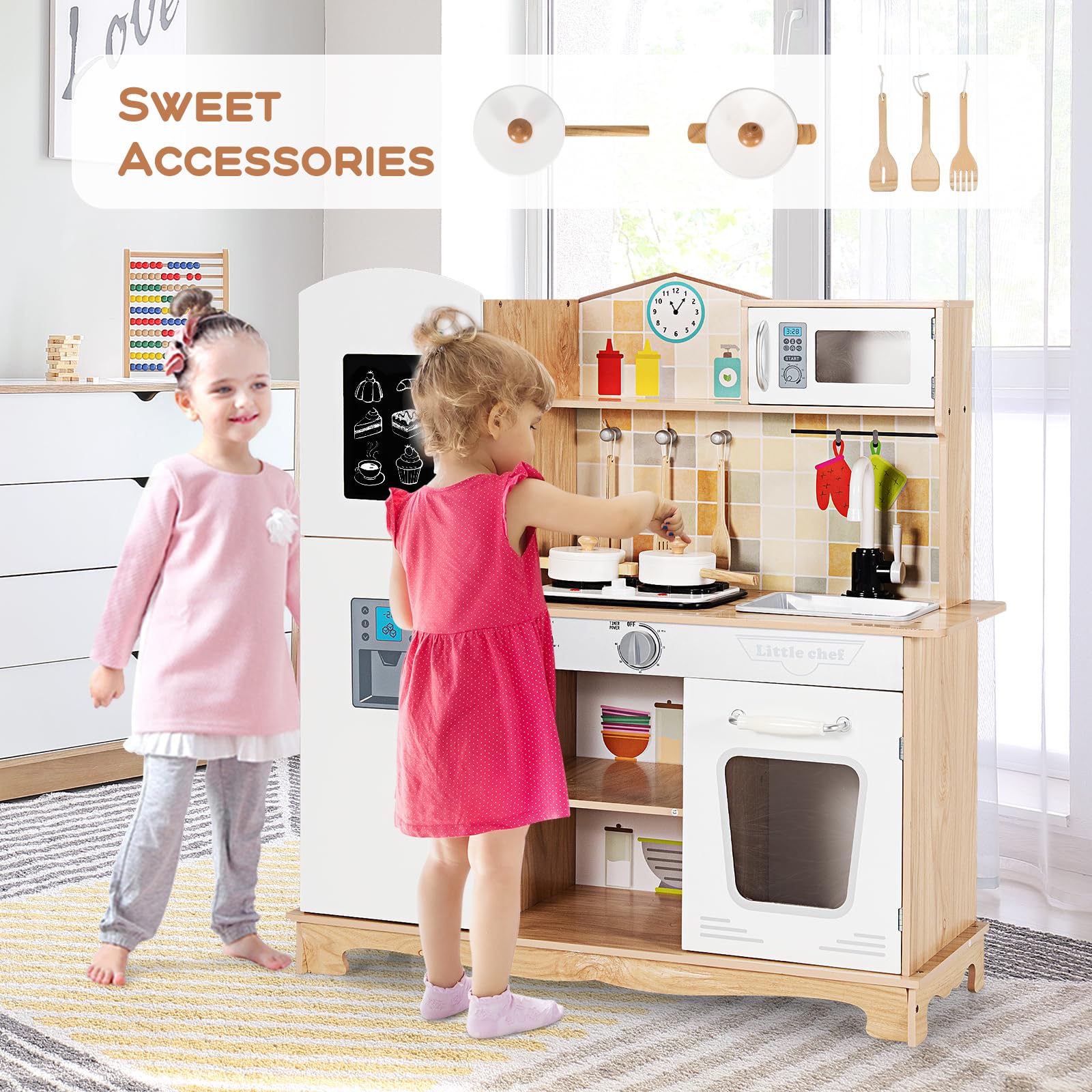 Costzon Wooden Kids Kitchen Playset with Light & Sound - Pretend Play Kitchen Toy for Toddlers Age 3+ | Includes Microwave, Oven, Sink, Ice Maker & Cooking Accessories | Perfect Gift for Boys & Girls - Great for Imaginative Play & Early Learning
