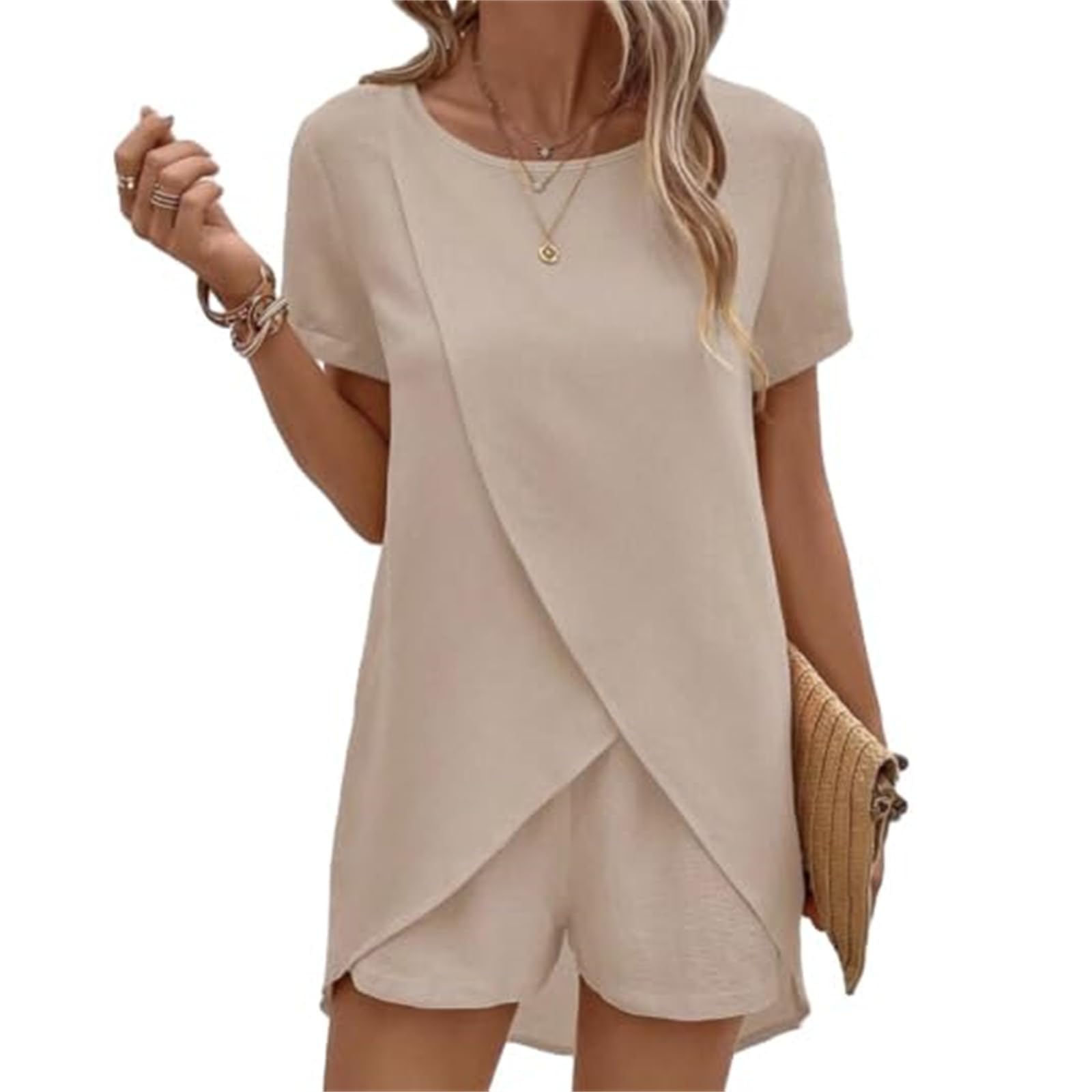 Women's 2-Piece Lounge Sets - Round Neck Tops & High Waisted Shorts, Breathable Matching Outfits for Summer, Yoga, Travel & Home Wear
