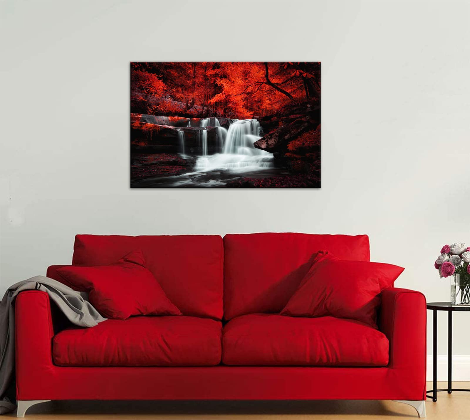 Conipit Black White and Red Wall Art - Autumn Red Forest Waterfall Canvas Painting, Framed Ready to Hang 24x36 Inch - Perfect for Living Room, Bedroom, or Office Decor