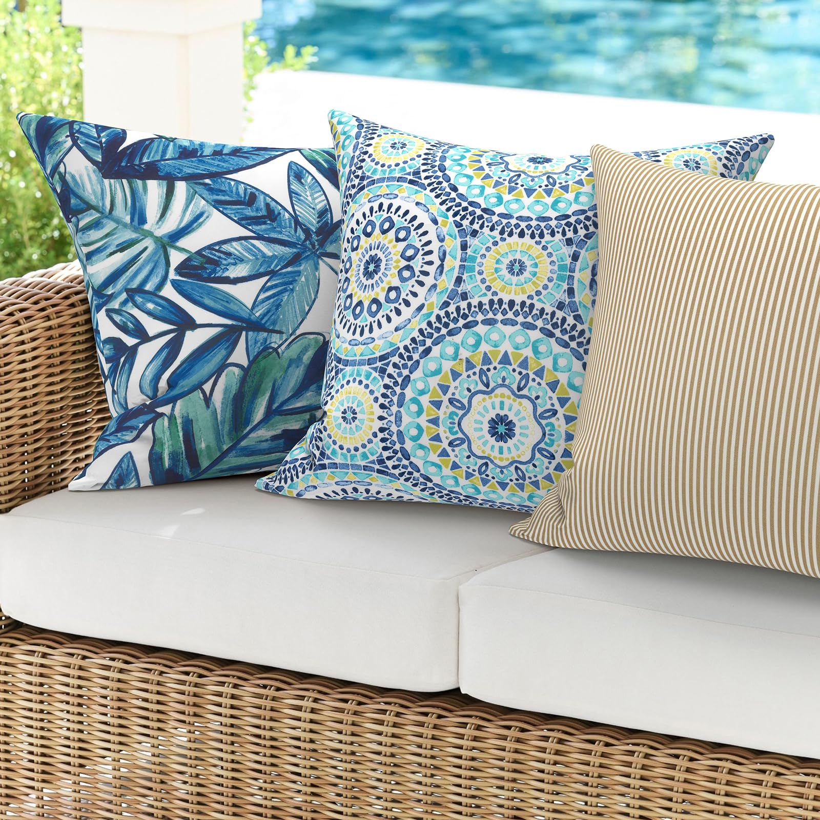 2 Pack Waterproof Outdoor Pillows 18x18 Inch - Square Decorative Throw Pillows for Patio Furniture, Sofa, Bench - All-Weather Cushion Covers with Inserts - Perfect for Backyard, Poolside & Garden Decor (Delancey Lagoon)