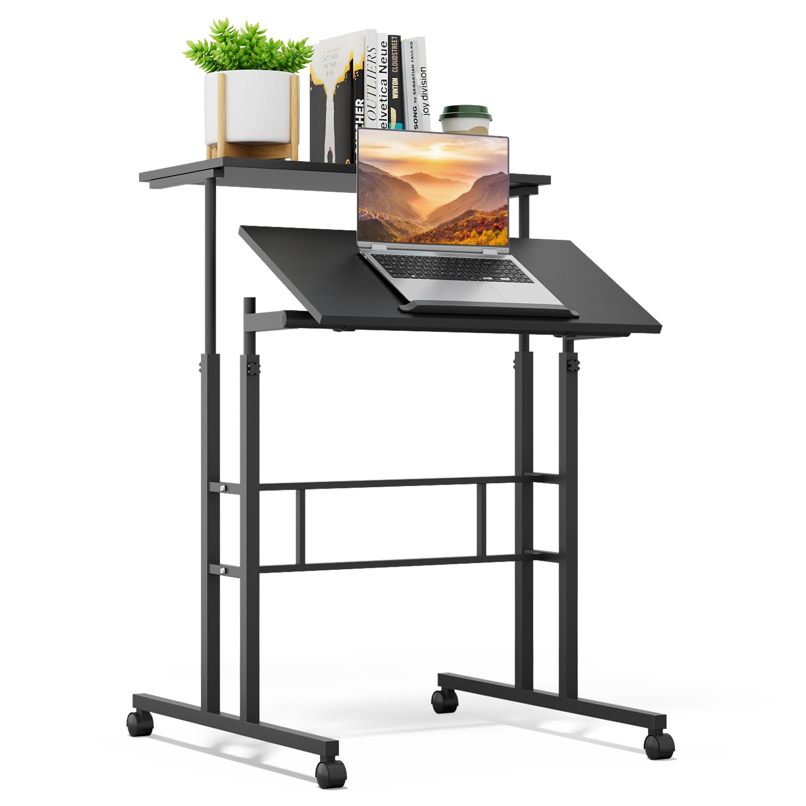 Adjustable Height Rolling Desk - Mobile Portable Laptop Stand Cart with Wheels, Small Sit to Stand Computer Table Workstation for Home Office (Black) | Perfect for Remote Work, Small Spaces & Ergonomic Workspaces