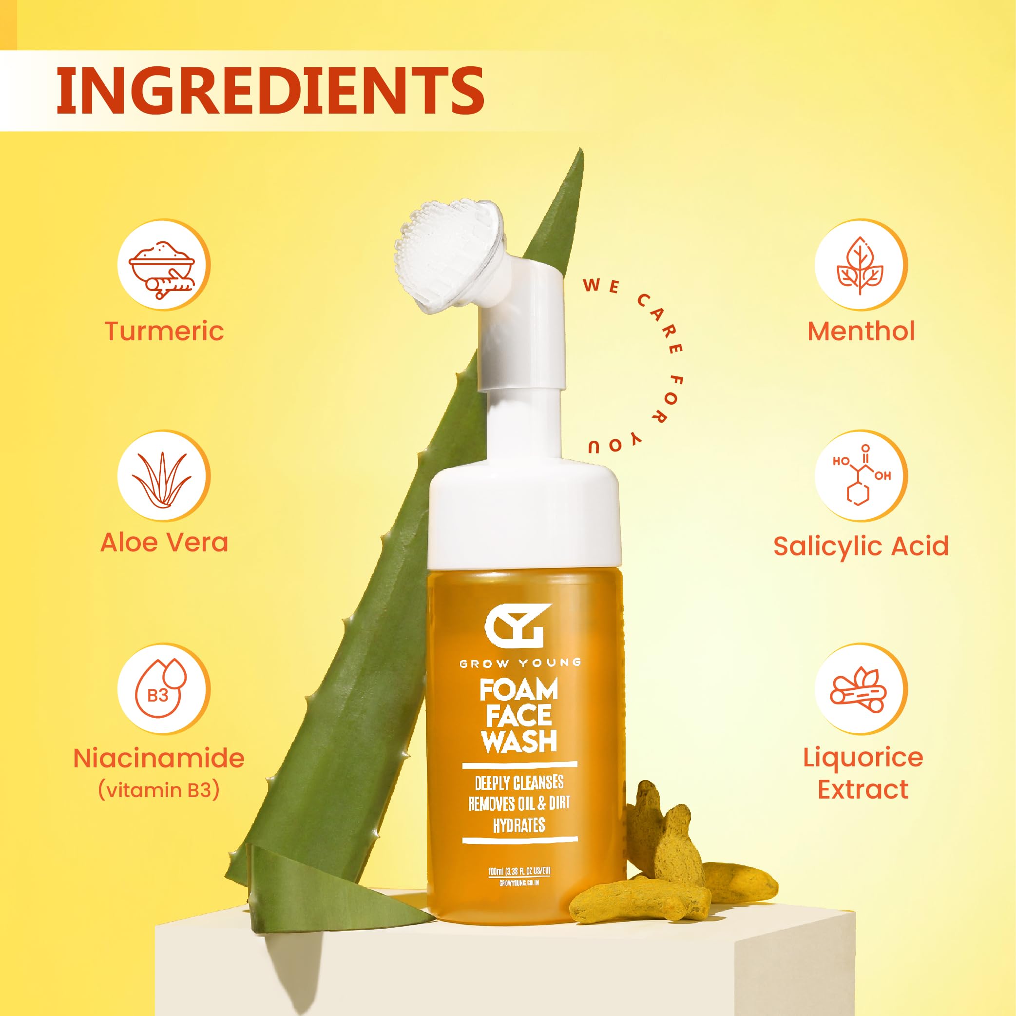 Grow Young Turmeric & Aloe Vera Foam Face Wash - Gentle Exfoliating Cleanser for Clean, Clear Skin | Unclogs Pores & Brightens Complexion | 100ml | Perfect for Morning & Night Skincare Routine
