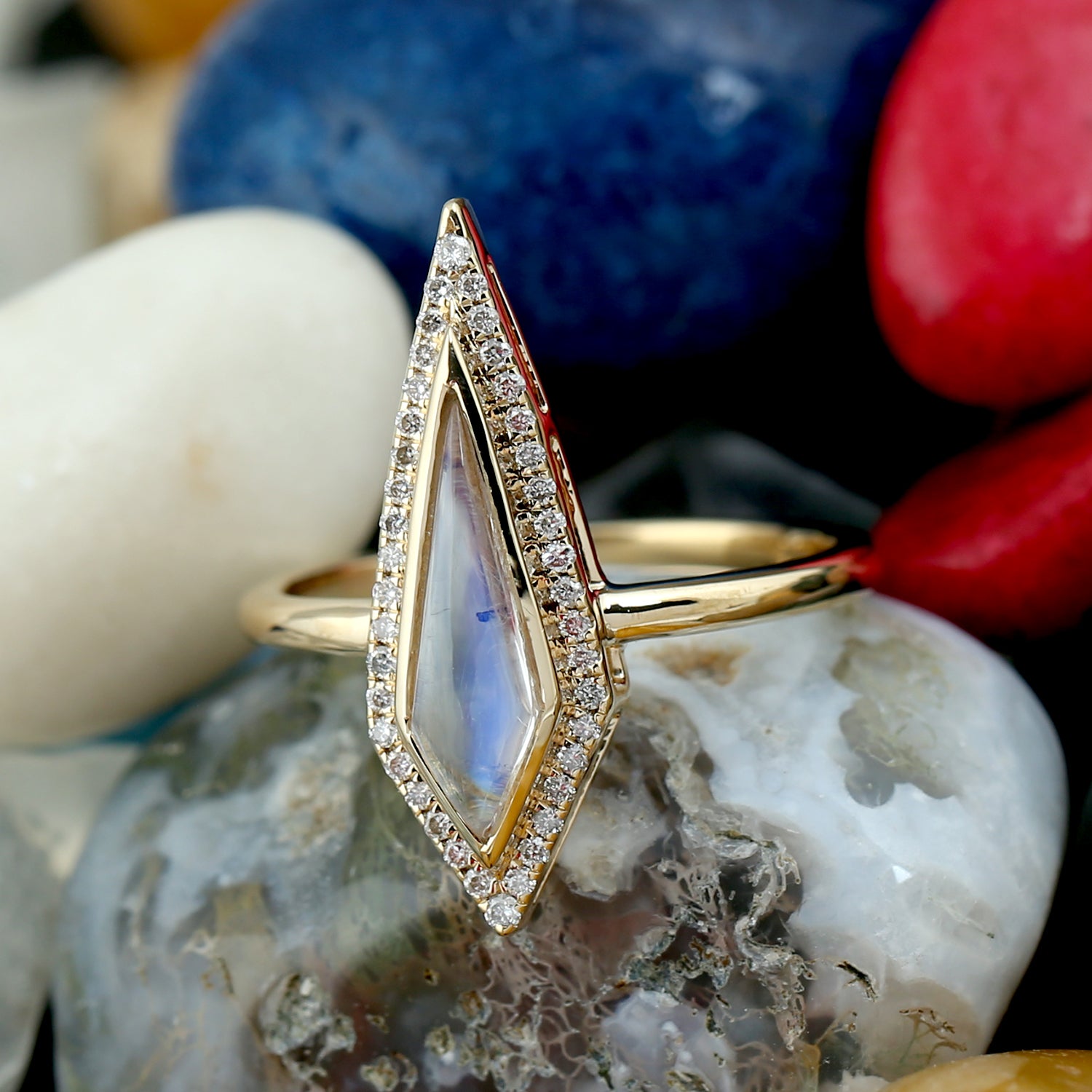 Blue Moonstone Pave Diamond Ring in 18k Yellow Gold - Elegant Long Statement Jewelry for Weddings, Anniversaries & Special Occasions