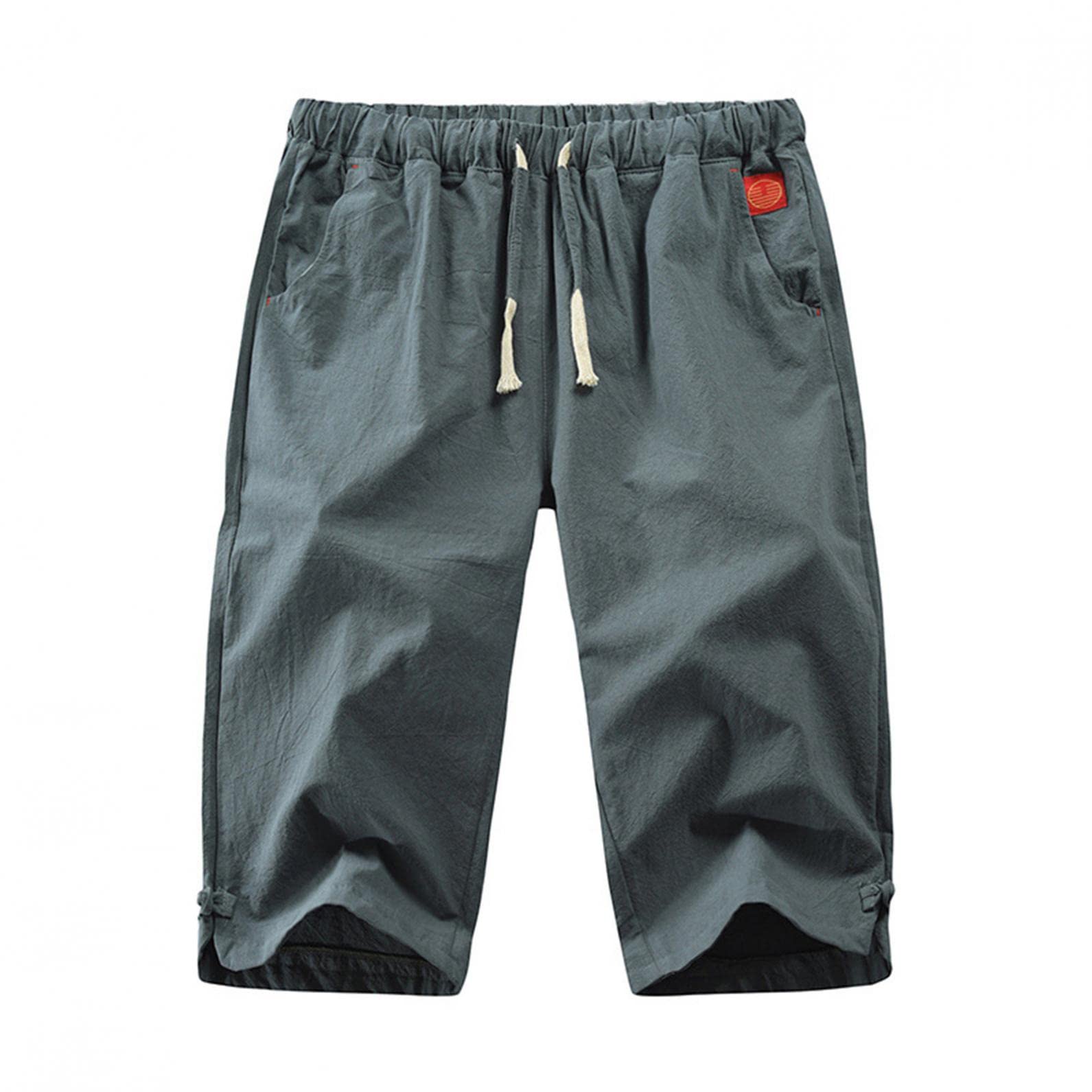 WUAI-Men 3/4 Linen Harem Pants for Men - Elastic Waist Casual Jogger Pants with Drawstring, Breathable Summer Cropped Trousers for Yoga, Beach, Workout & Lounge Wear