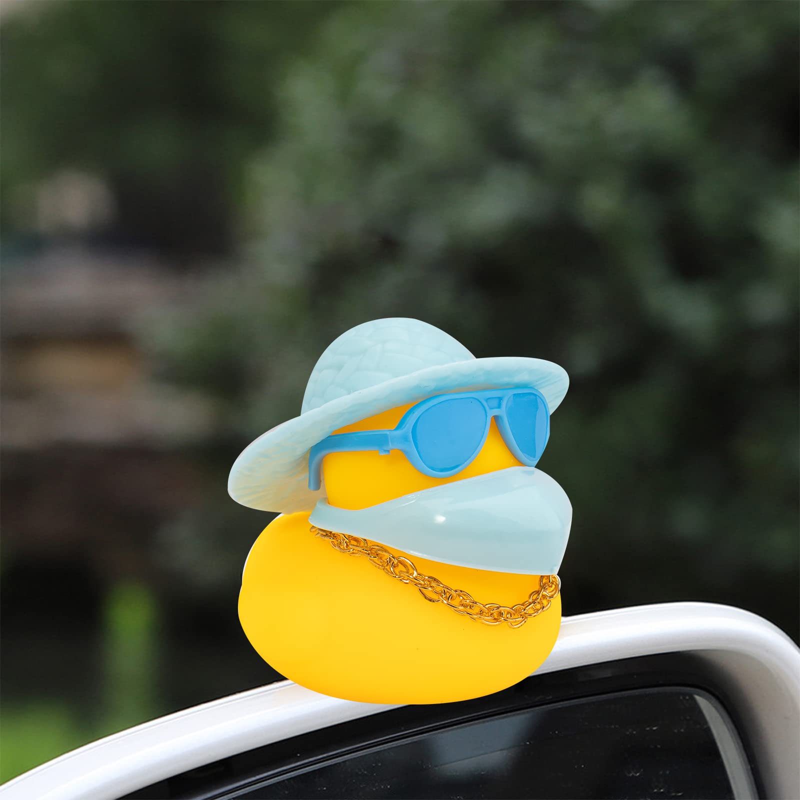 Wonuu Cute Rubber Duck Car Ornament - Blue Hat & Sunglasses - Dashboard Decor with Headband, Swim Ring & Necklace - Perfect for Car Accessories, Gifts & Fun Decoration