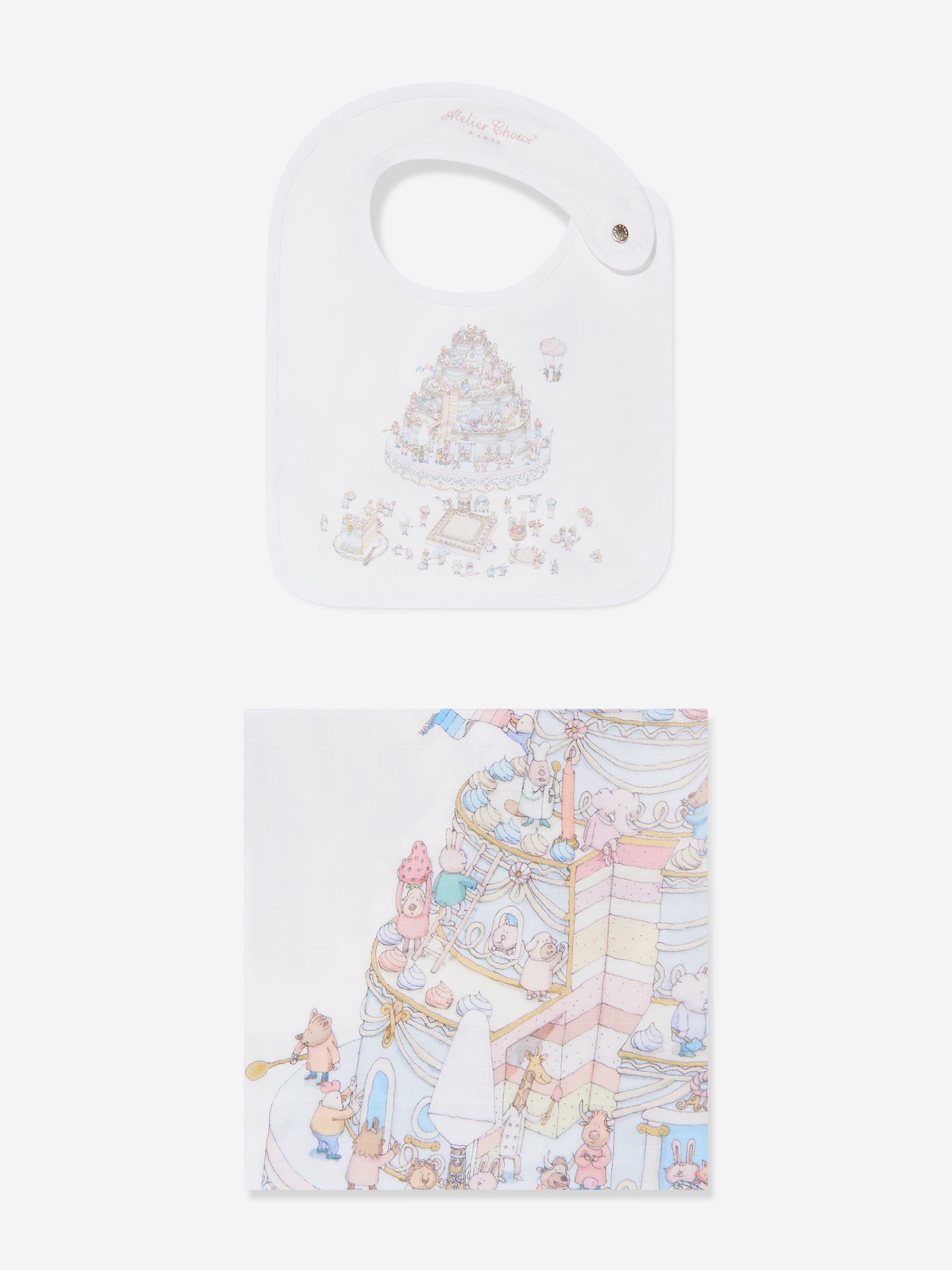 Atelier Choux Baby Le Gateau Carré & Satin Bib Set - Premium White Baby Bib & Burp Cloth for Newborns - Perfect for Feeding, Gifting & Nursery Essentials