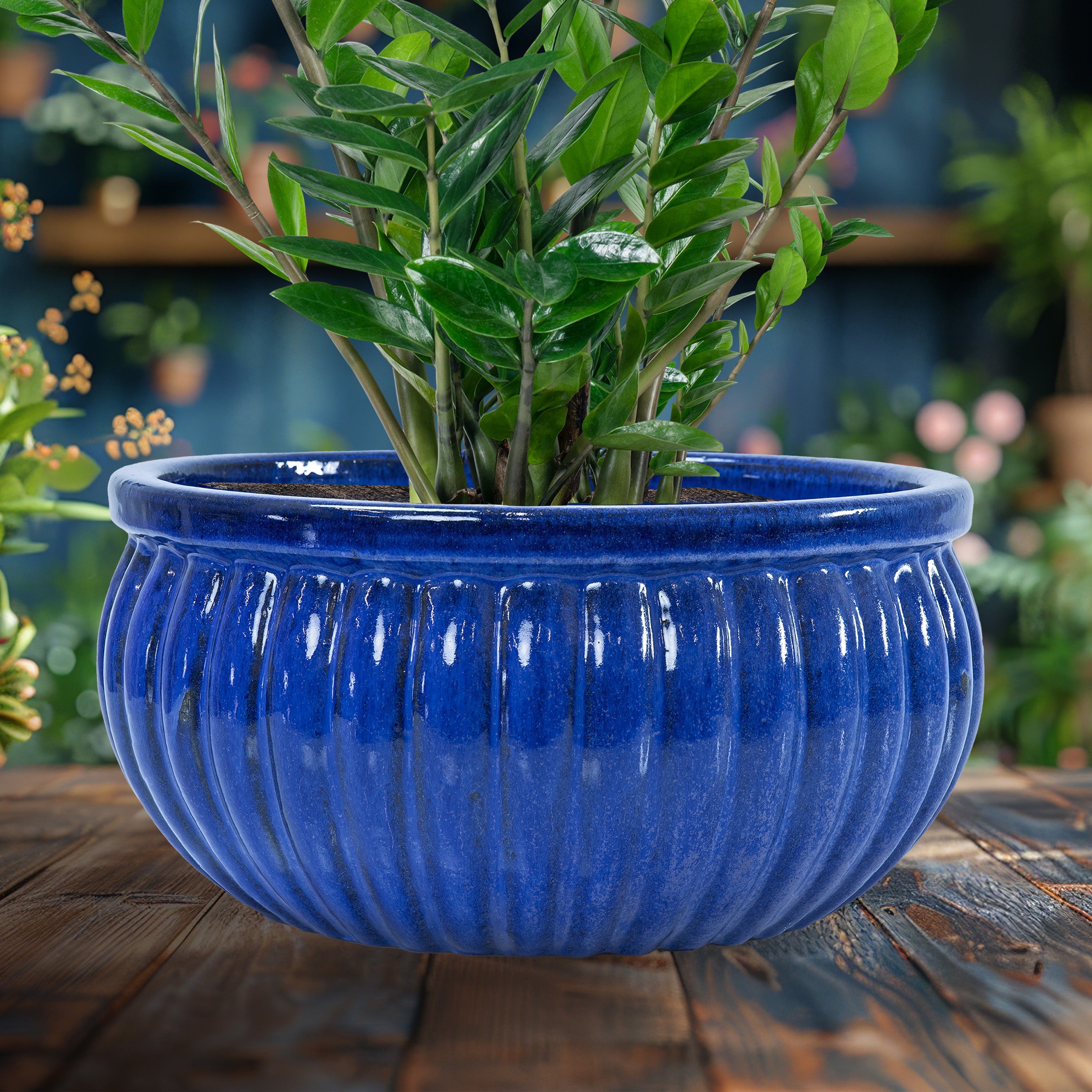 Sunnydaze Ribbed Glazed Ceramic Planter Bowl - Imperial Blue Flower Pot for Indoor Plants, Outdoor Garden Decor, Home & Office Decoration | Perfect for Succulents, Herbs & Small Plants