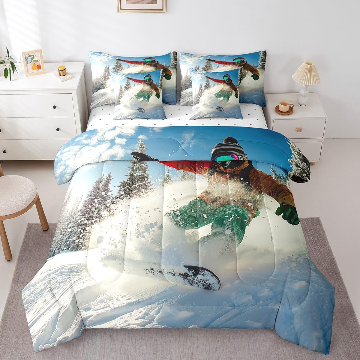 Feelyou Skiing 7-Piece Queen Bedding Set - Ski Sports Comforter Set with Sheets, Pillowcases & Pillow Covers - Ultra Soft Breathable Bedding for Winter Sports Enthusiasts - Perfect for Ski Lodges, Cabin Retreats & Cozy Bedrooms