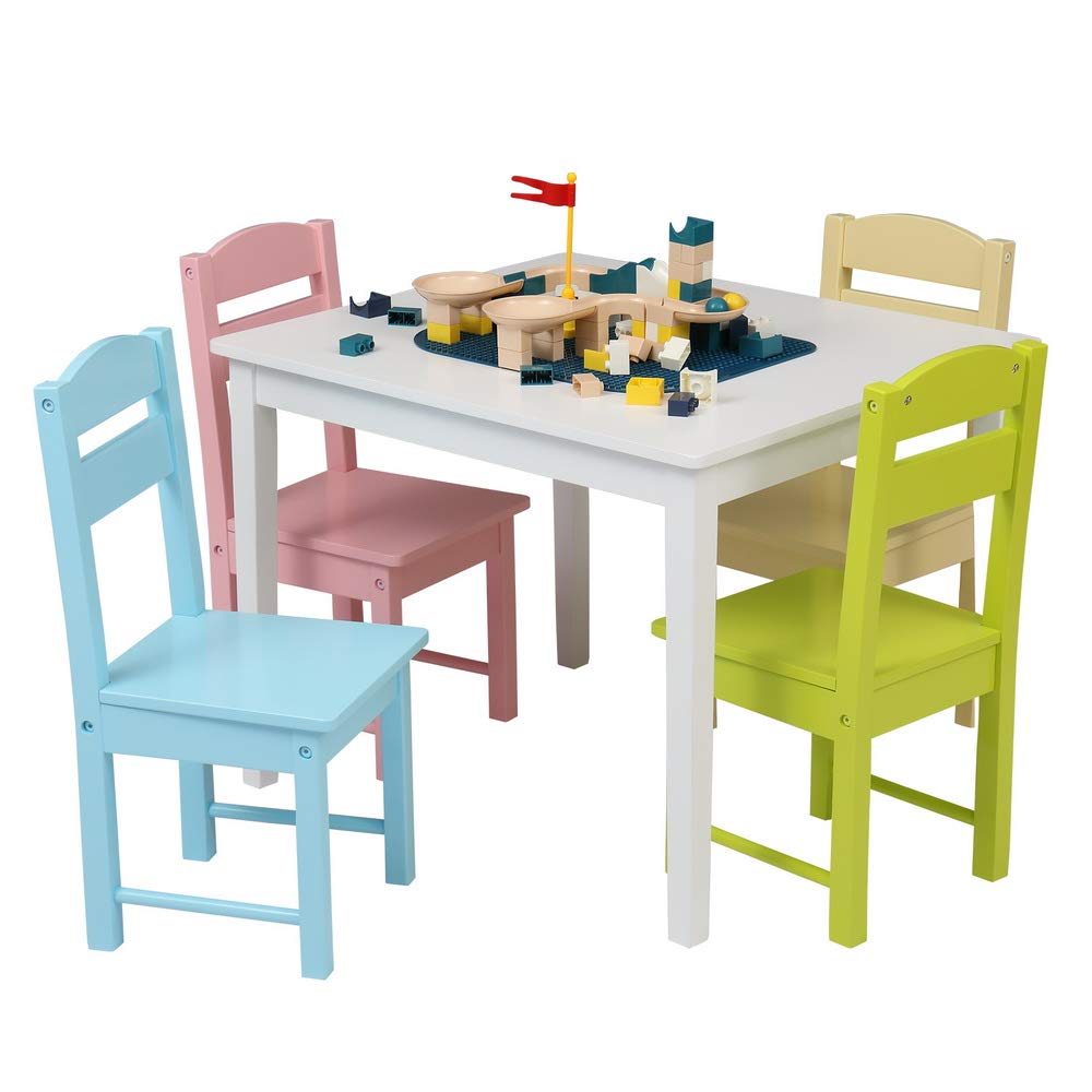 LBLWJD Kids Wooden Table and Chair Set with 4 Chairs - Durable Children's Furniture for Arts & Crafts, Snack Time, Homeschooling & Homework - Perfect for Playroom, Classroom or Daycare (Colorful)