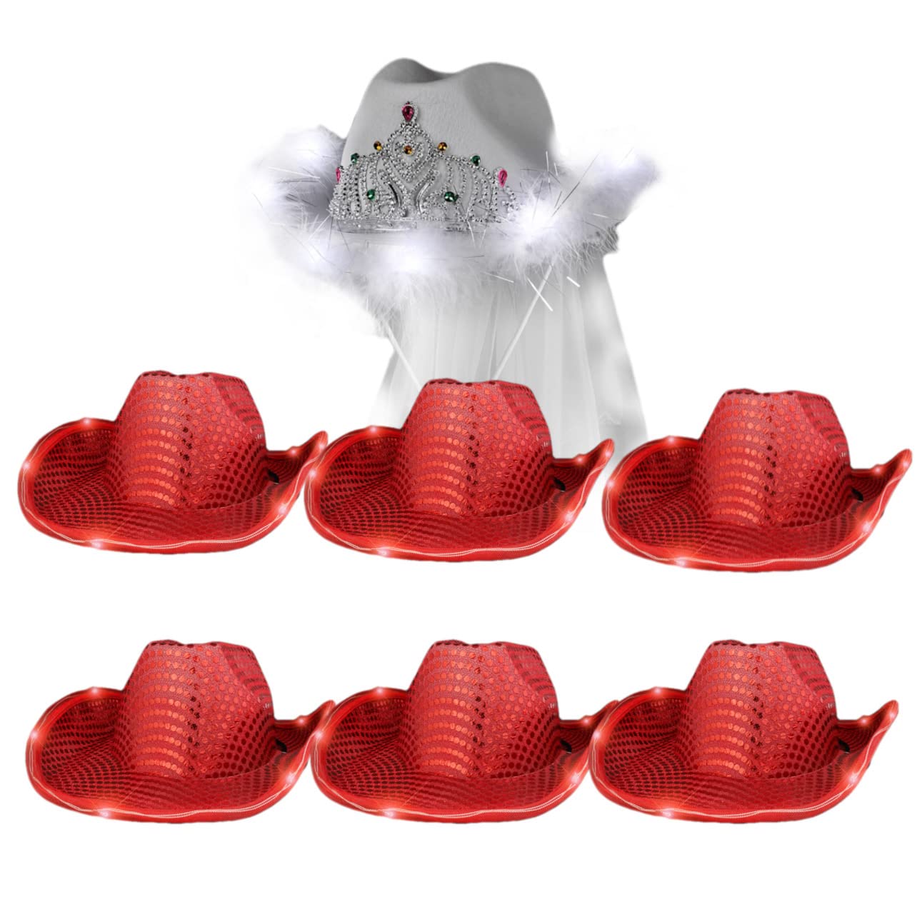 Blinkee 7-Pack Light Up Red Sequin Cowboy Hats & White Tiara Cowgirl Hats with Veil - Bachelorette Party, Bridal Shower, Wedding Accessories for Bride Squad