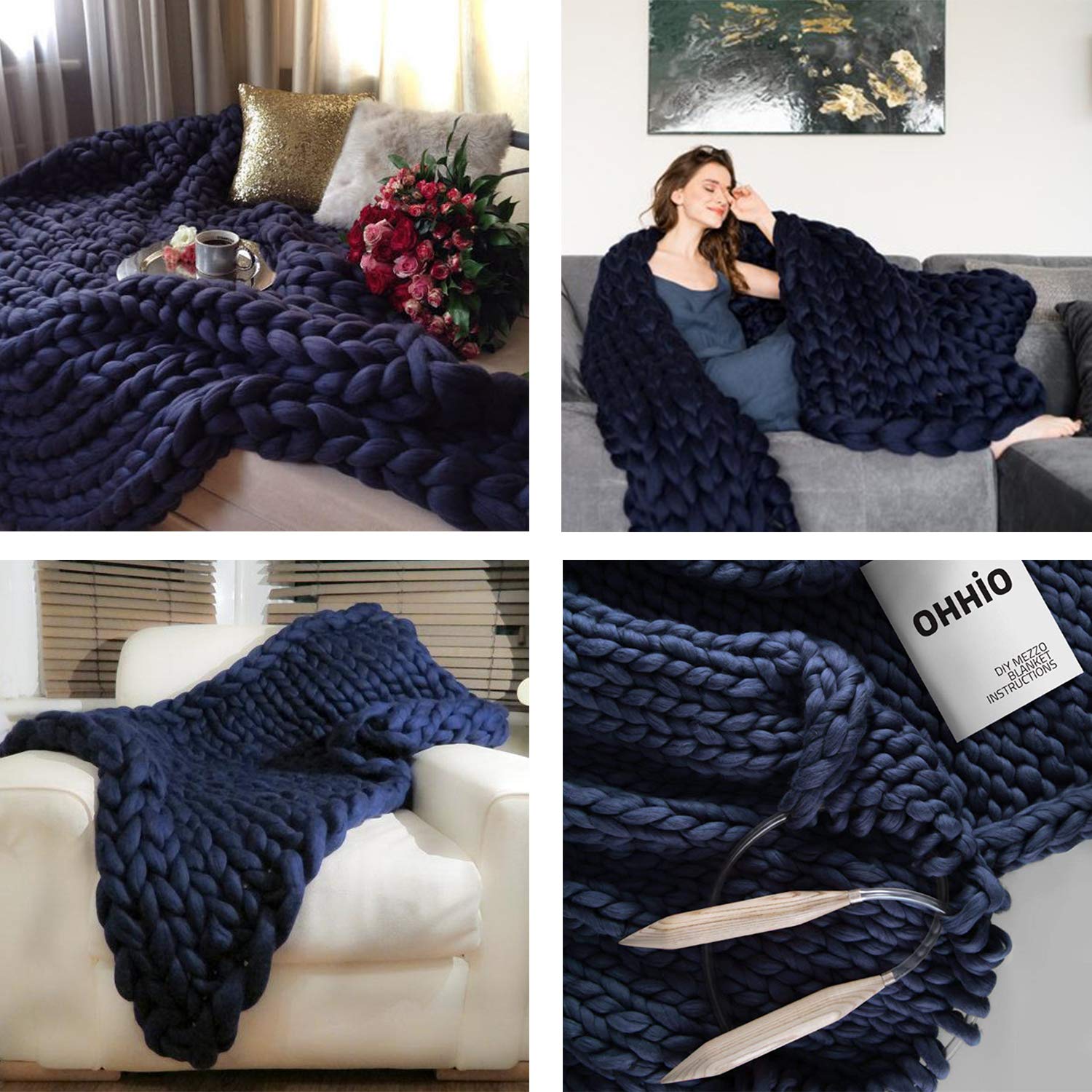 Chunky Knit Blanket - Soft & Bulky Handmade Merino Wool Throw for Bedroom, Sofa & Living Room Decor - Super Cozy & Warm (Navy Blue, 47