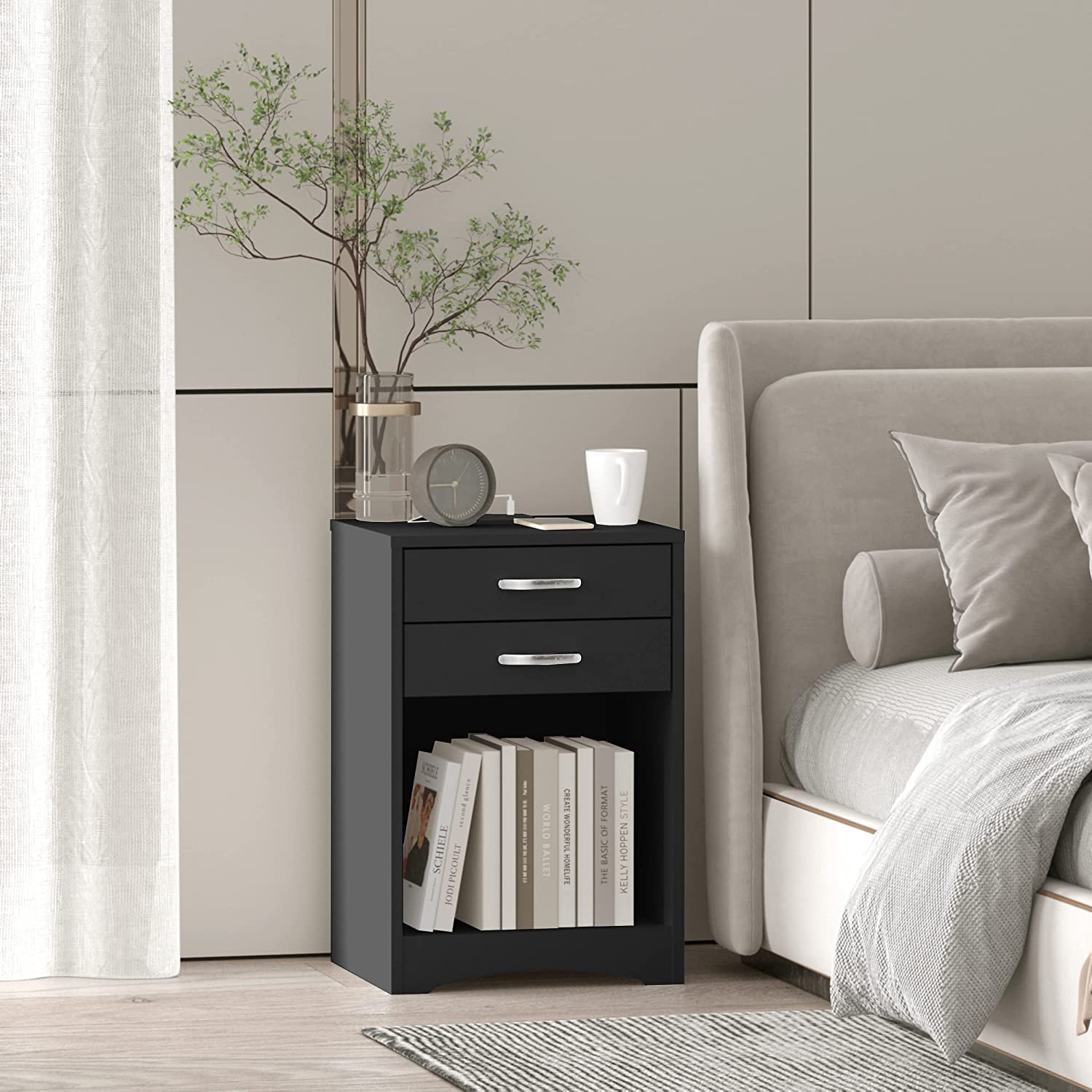 hosote Night Stands for Bedrooms Set of 2 - Black Nightstand with Charging Station, USB Ports & Power Outlets - Bedside Table with Storage Drawers - Perfect for Bedroom, Living Room, or Office Use