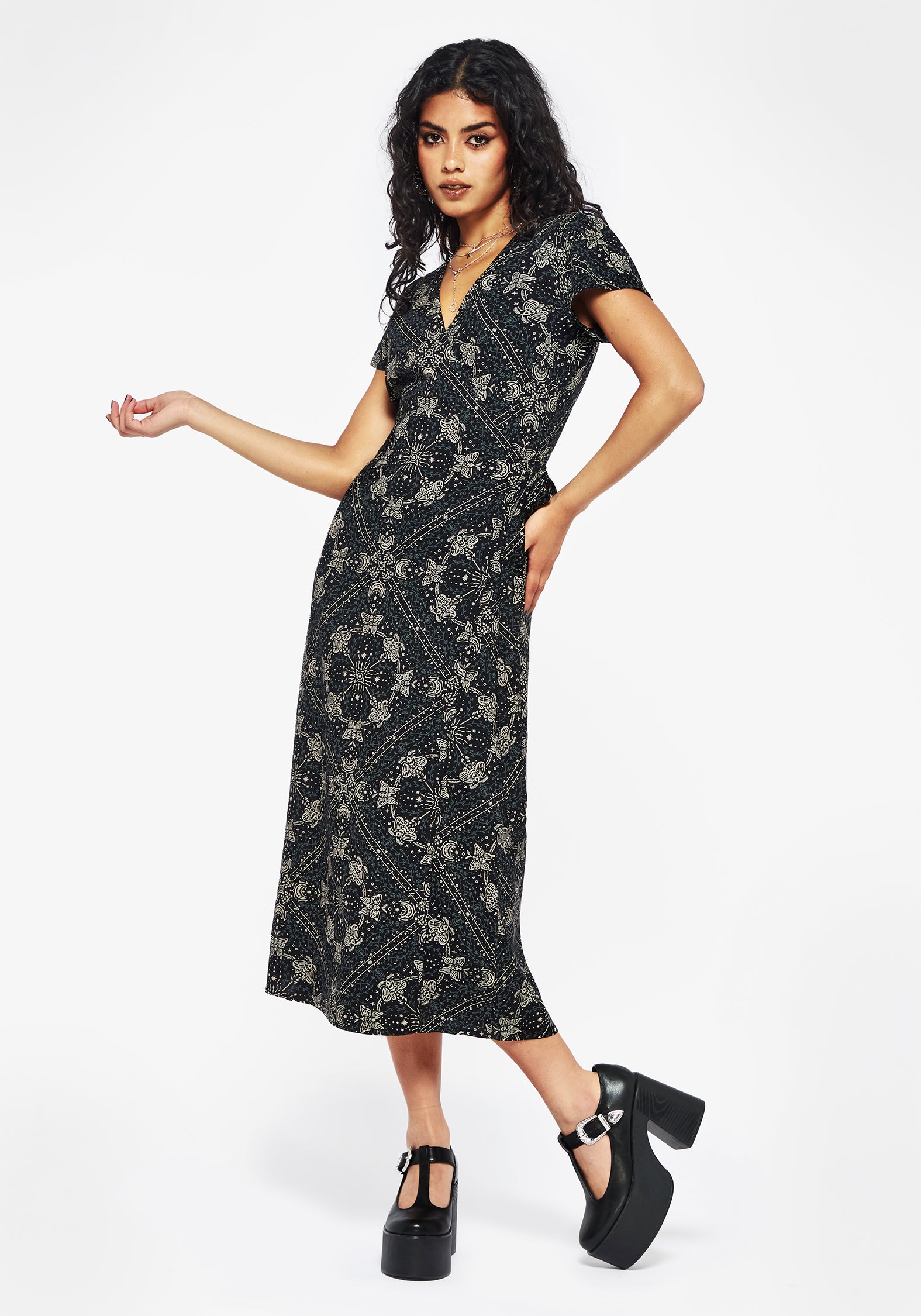 Elegant Poem Moth Print Wrap Midi Dress for Women | Floral Bohemian Summer Dress | Perfect for Beach Vacations, Date Nights & Outdoor Parties