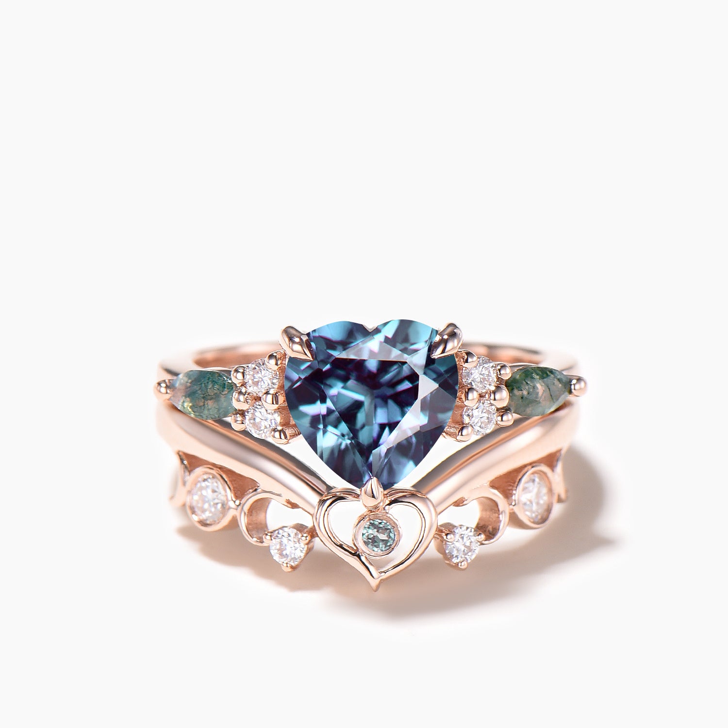 Color Changing Alexandrite & Moss Agate Bridal Ring Set with Diamond Accents | Heart Cut Engagement & Wedding Jewelry for Brides