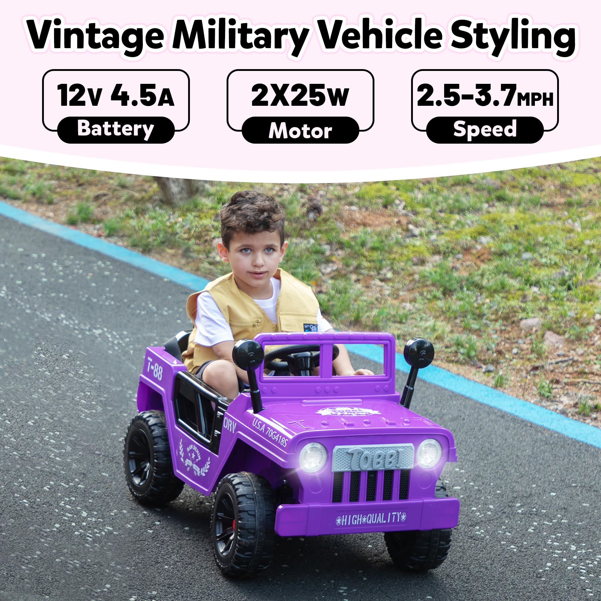 TOBBI 12V Kids Ride On Truck - Electric Powered Toy Car for Toddlers Ages 3-6 with Off-Road Wheels, Suspension, Horn & LED Lights - Perfect Birthday & Christmas Gift for Boys & Girls - Great for Indoor & Outdoor Play (Purple)