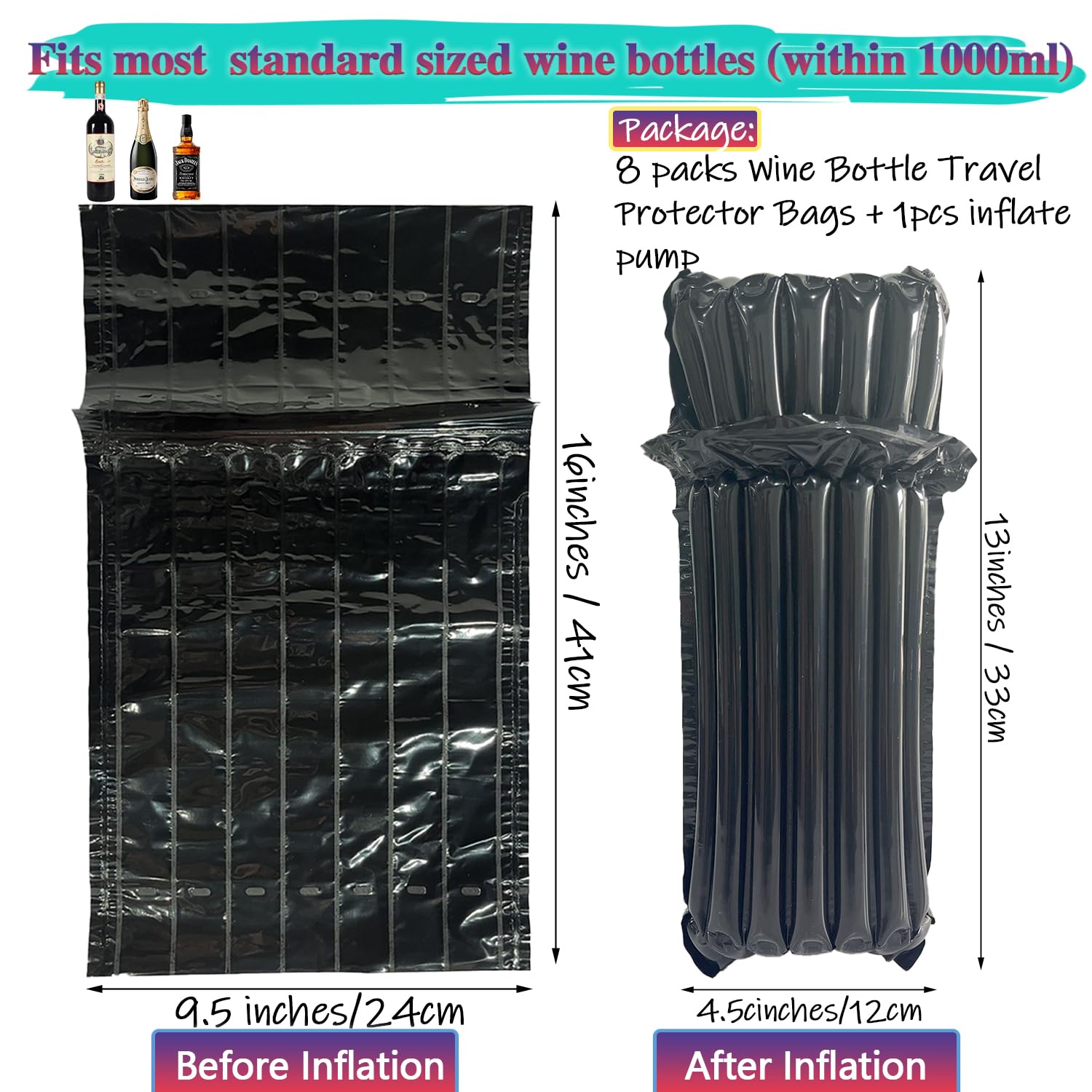 **Inflatable Wine Bottle Protector for Airline Travel - 8 Pack Reusable Black Wine Skins, Leak-Proof & Durable Travel Sleeves - Perfect for Flying, Camping & Gifts**