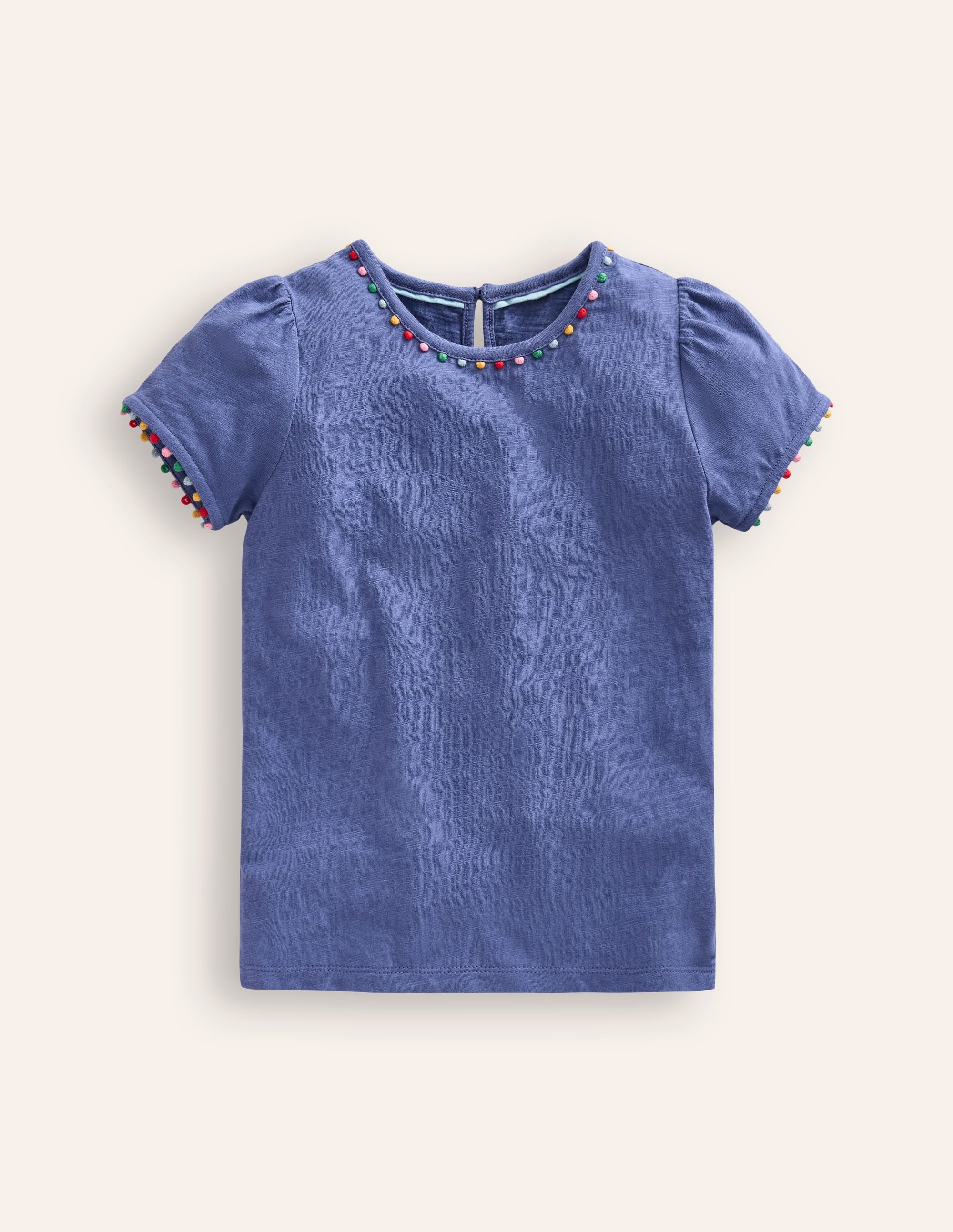Soft Starboard Blue Puff Sleeve Pom T-Shirt for Women - Trendy Casual Tee for Everyday Wear, Outings & Summer Fashion
