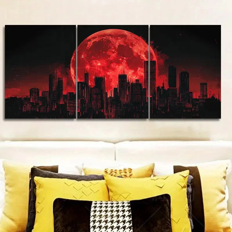 3-Piece Big Red Moon Over Cityscape Wall Art Set - Framed Canvas 40x60cm (16x24in) - High Quality Print - Australian Made - Ready to Hang - Perfect for Living Room, Bedroom & Office Decor
