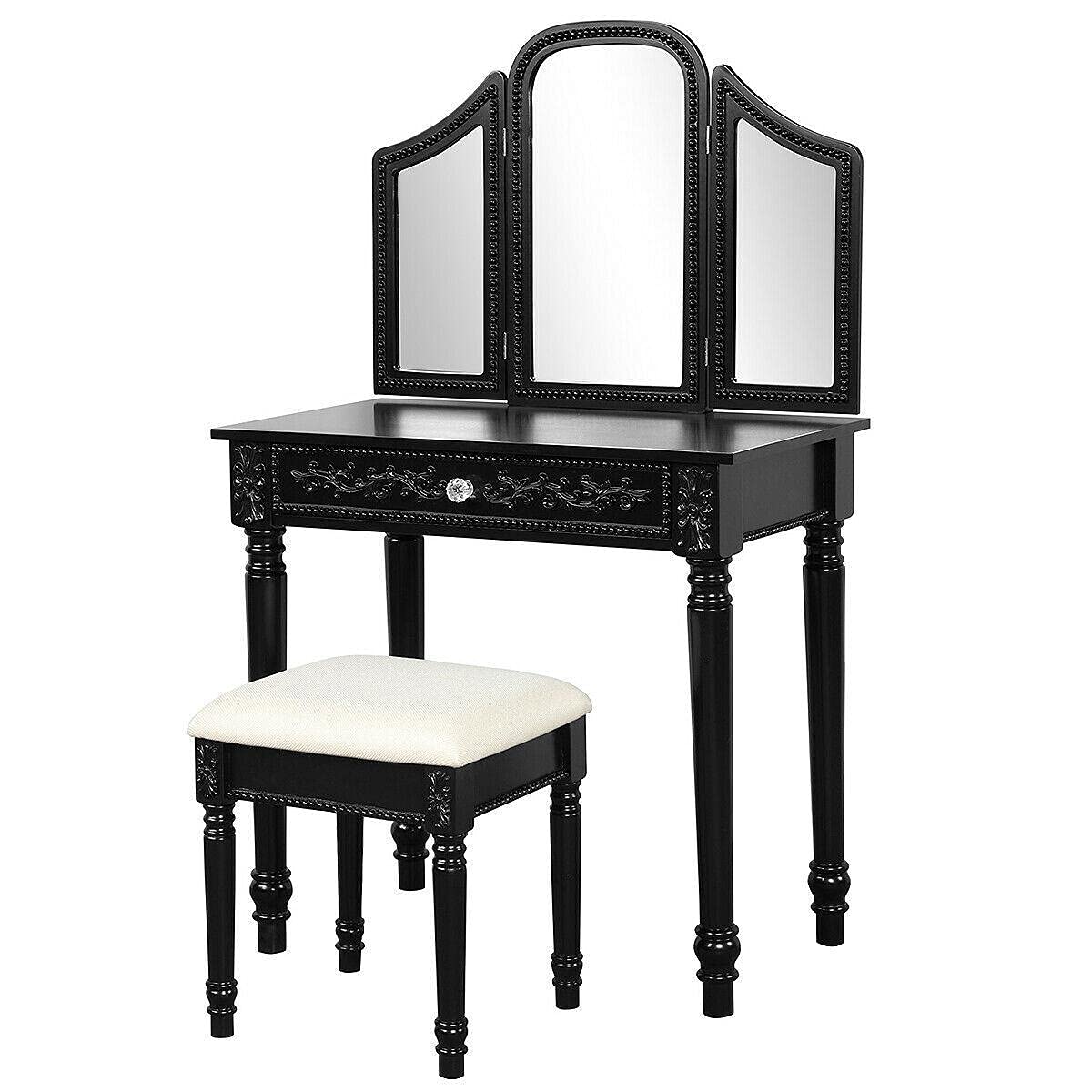 Vanity Dressing Makeup Table Set with Tri-Folding Mirror, Big Drawer & Stool - Black Bedroom Furniture with LED Lights - Perfect for Makeup, Skincare & Hair Styling in Bedroom or Bathroom