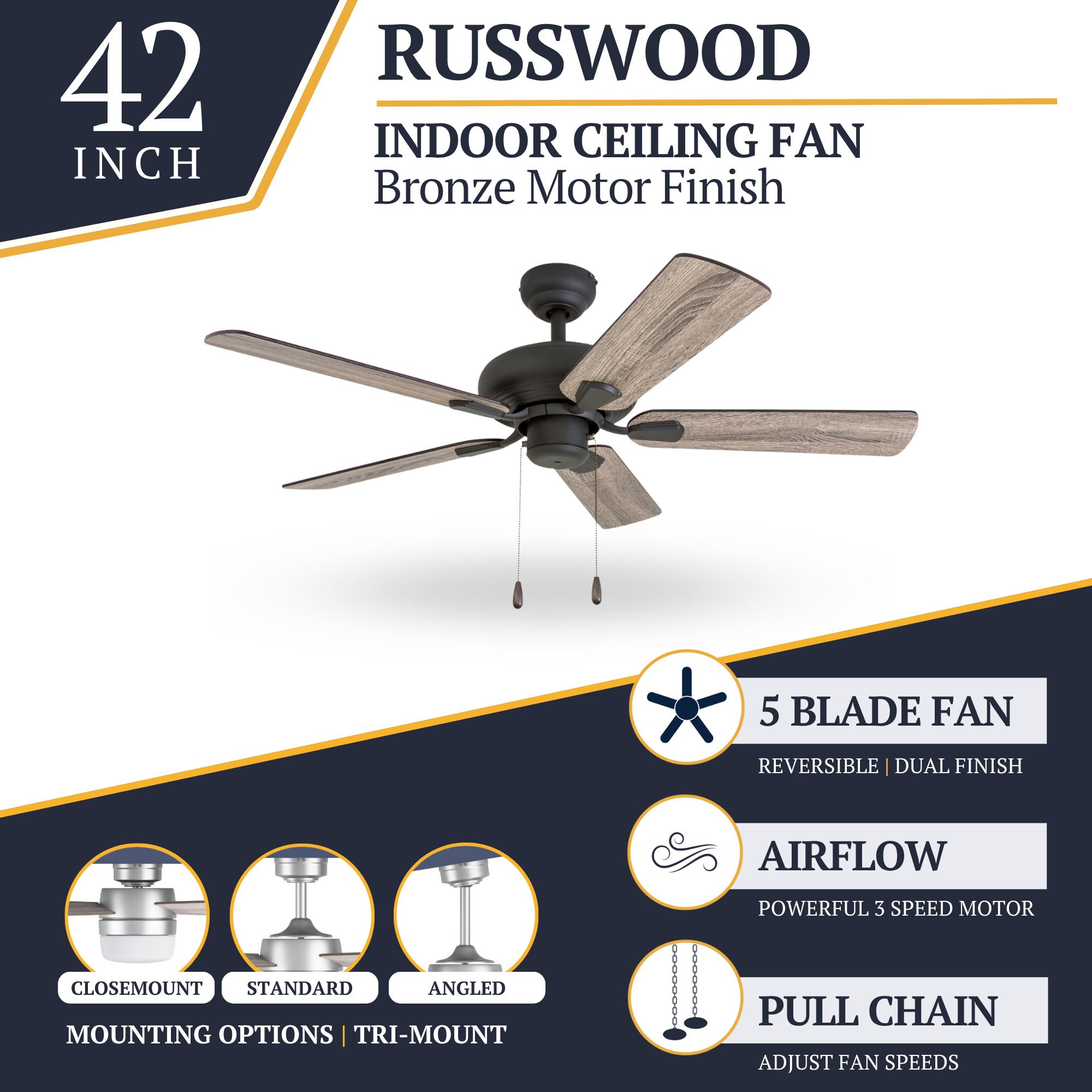 42 Inch Russwood Bronze Ceiling Fan with Pull Chain - Perfect for Living Room, Bedroom, and Outdoor Patio Cooling