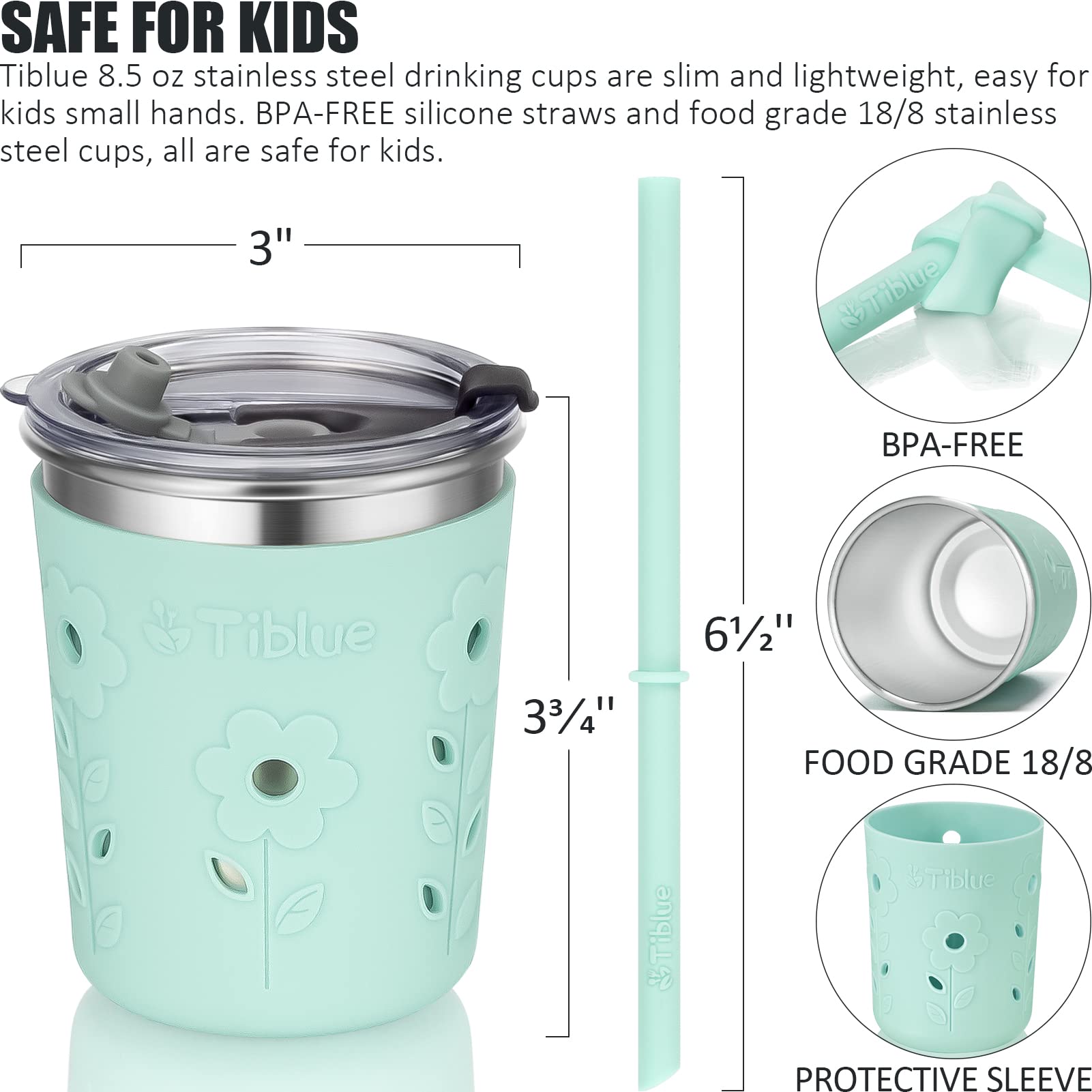 Tiblue 4-Pack 8oz Stainless Steel Kids & Toddler Cups - Spill Proof, Leak Proof Lids with Silicone Straw, Stopper & Sleeve - BPA Free Baby Drinking Cups for Girls & Boys - Perfect for Smoothies, Snacks, Daycare, Travel & Home Use