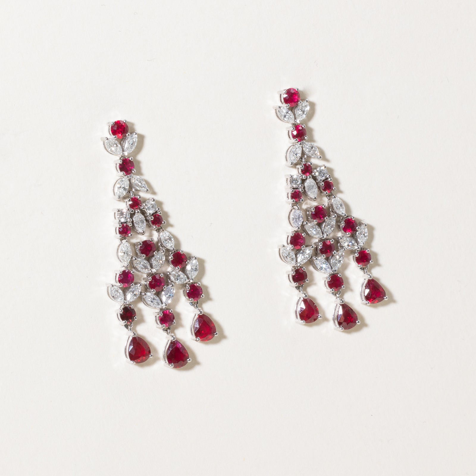 Stunning 4.44ctw Vivid Red Ruby & Diamond Chandelier Earrings | 0.50ctw Diamonds | Elegant Dangling Earrings for Weddings, Parties & Special Occasions