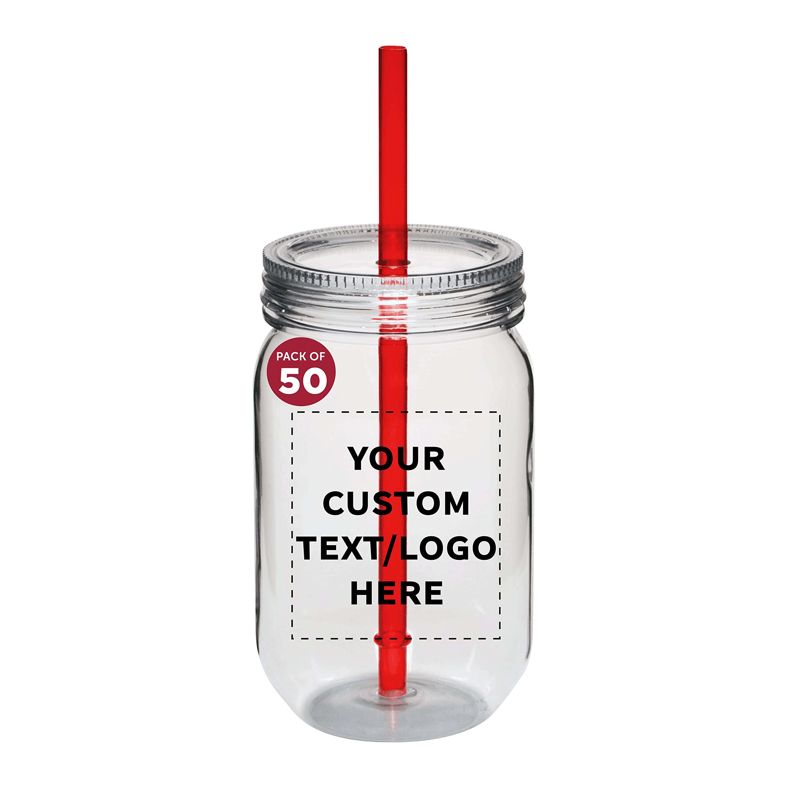 Custom 24 oz Plastic Mason Jars with Straws - Bulk Pack of 50 Personalized Jars for Overnight Oats, Candies, Fruits, Pickles & Beverages - Perfect for Meal Prep, Party Favors, DIY Gifts & Kitchen Storage - Red
