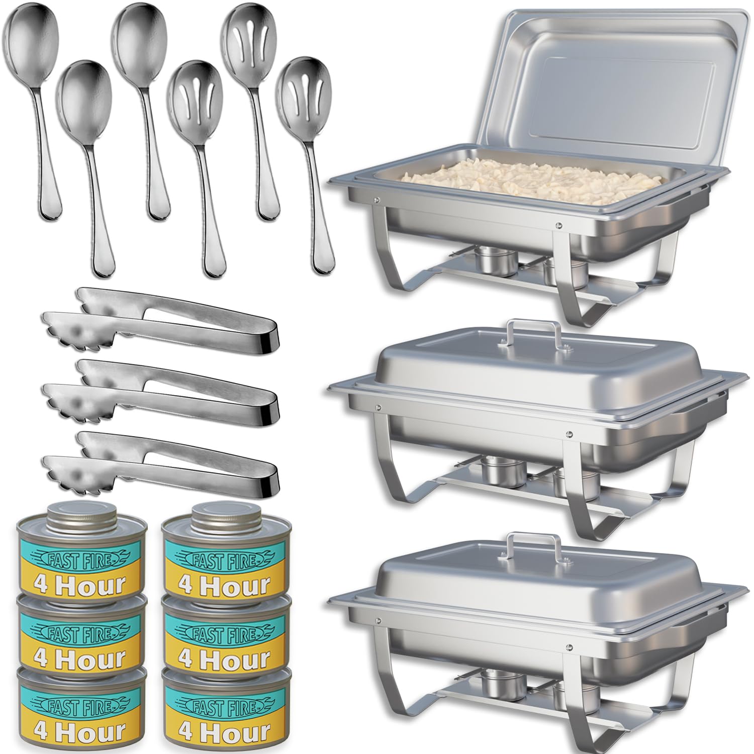 3-Pack Stainless Steel 8 Quart Buffet Chafing Dish Set with 6 Fuel Cans, 9 Serving Utensils, Folding Frame & Lids - Full Size Catering Warmers for Parties, Weddings, Banquets & Buffet Serving
