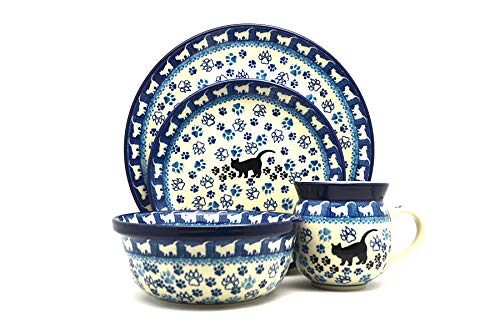 Hand-Painted Polish Pottery 4-Piece Place Setting with Standard Bowl - Boo Boo Kitty Design for Dinnerware Set | Perfect for Home Dining, Gift Giving & Collectors
