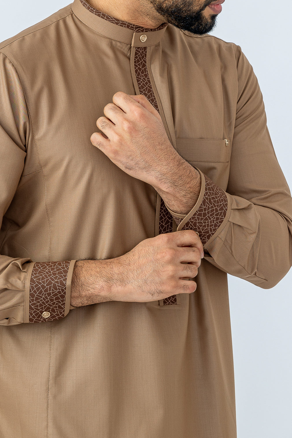Aztec Almond Brown Thobe for Men - Traditional Islamic Robe with Embroidery - Perfect for Eid, Ramadan & Special Occasions