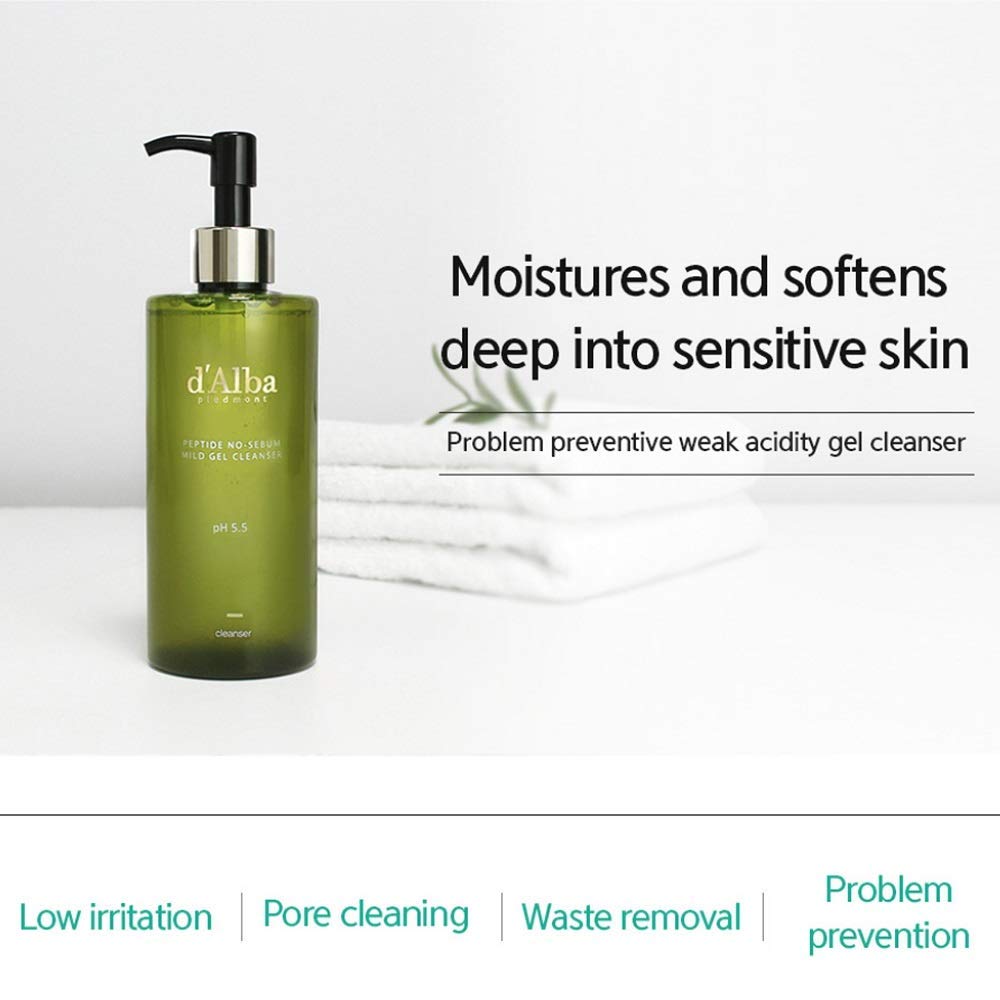 D'Alba Peptide No-Sebum Mild Gel Cleanser - Korean pH Balancing Face Wash for Sensitive & Dry Skin with White Truffle Extract | Gentle Daily Cleansing for Acne-Prone & Irritated Skin