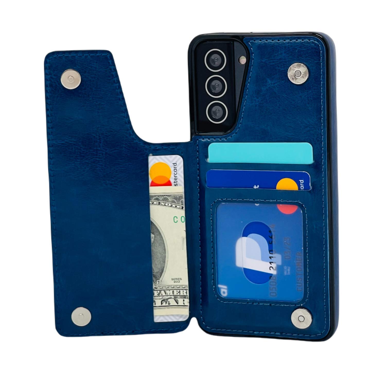 Premium S-Tech Wallet Case for Samsung Galaxy S21 (SM-G991) - Magnetic Clasp, Flip Kickstand, Card & Money Holder, Protective Bumper Edge (Blue) - Perfect for Daily Use, Travel & Hands-Free Viewing