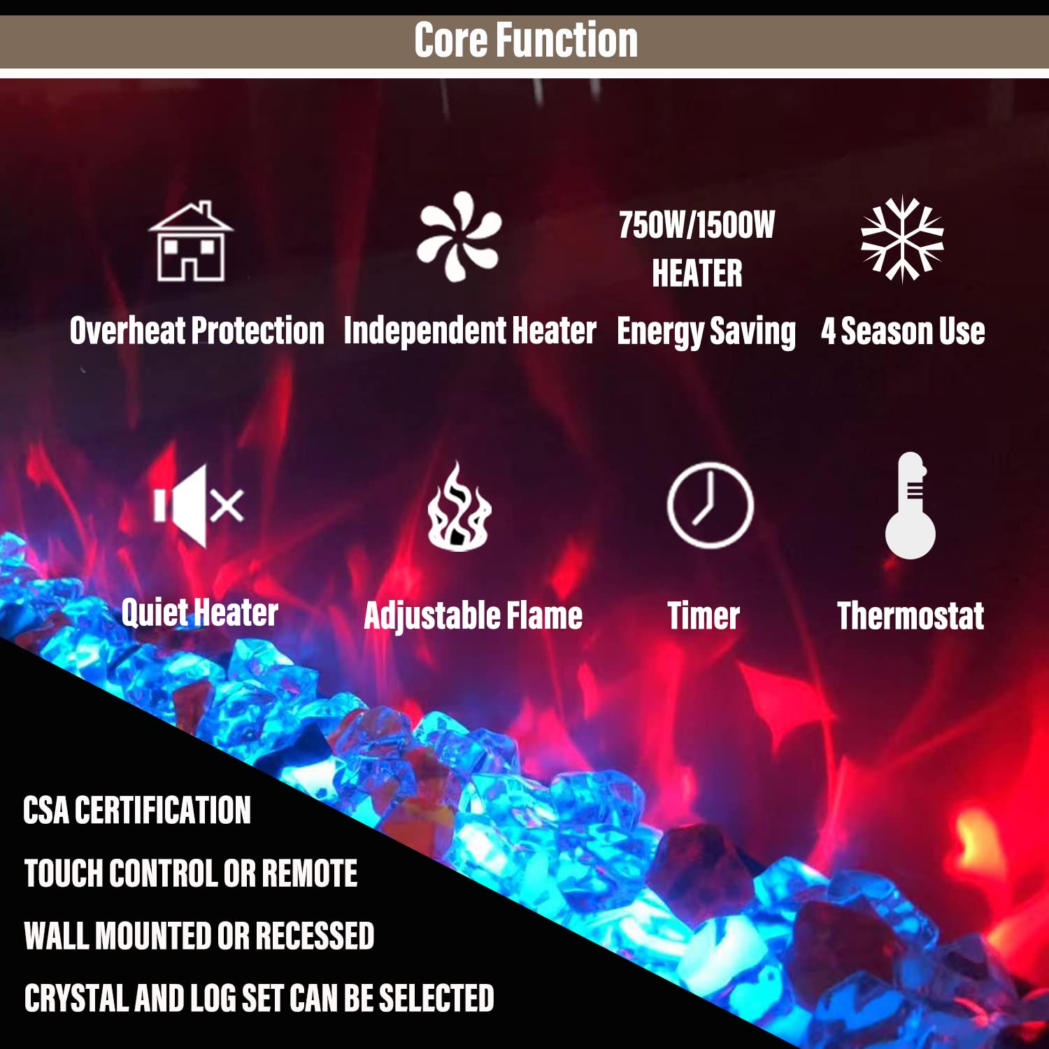 30 Inch Electric Fireplace Insert - Recessed Wall Mount Heater with Adjustable 13×13 Flame Colors, Thermostat & Timer - Remote & Touch Screen Control for Living Room, Bedroom & Office