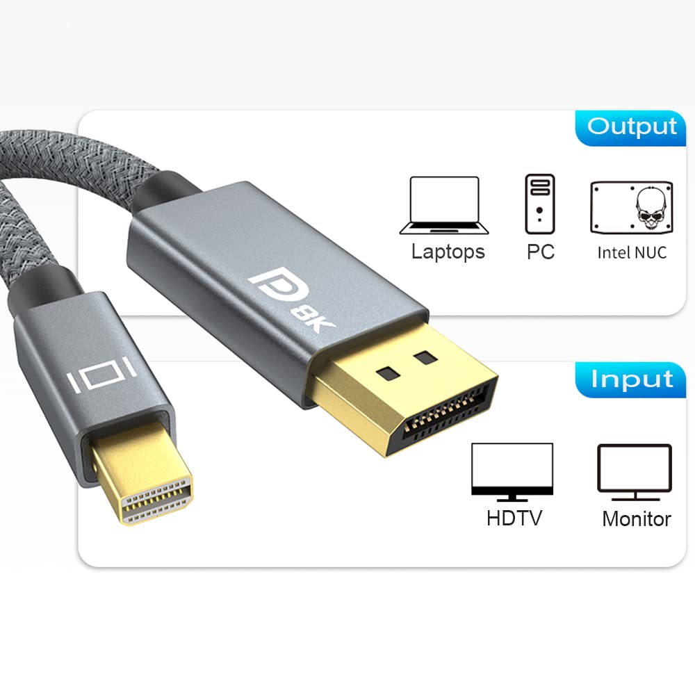 QCEs 8K Mini DisplayPort to DisplayPort 1.4 Cable 10Ft - Thunderbolt to DP Cable 8K@60Hz 4K@144Hz - Compatible with MacBook, iMac, Mac Mini to DP Monitor - Perfect for Gaming, Video Editing & 4K/8K Ultra HD Display Connectivity