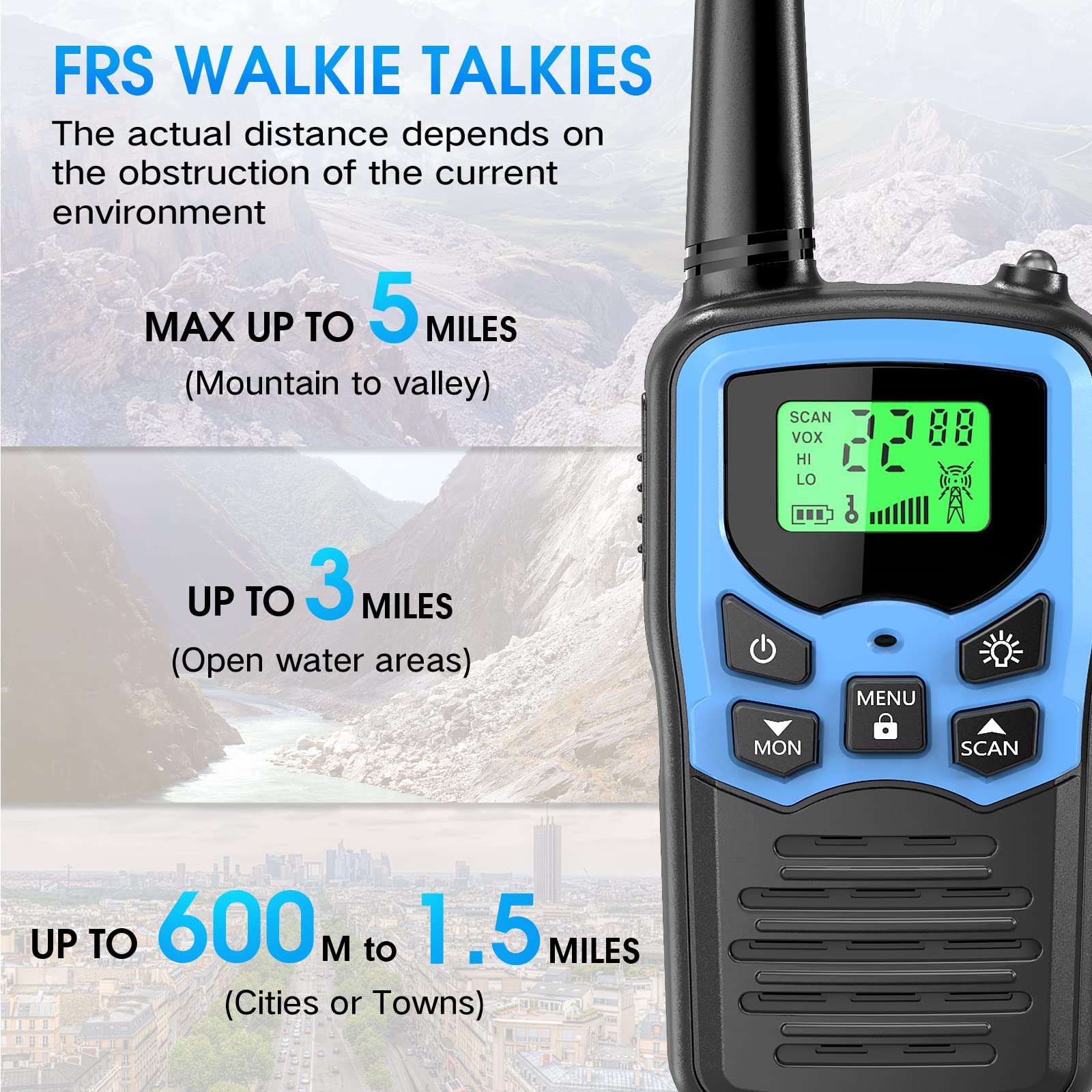 MOICO Long Range Walkie Talkies for Adults - 2 Pack Two-Way Radios with 22 FRS Channels, VOX, Scan & LCD Display, LED Flashlight - Perfect for Outdoor Adventures, Camping, Hiking, Biking & Emergency Survival (Blue)
