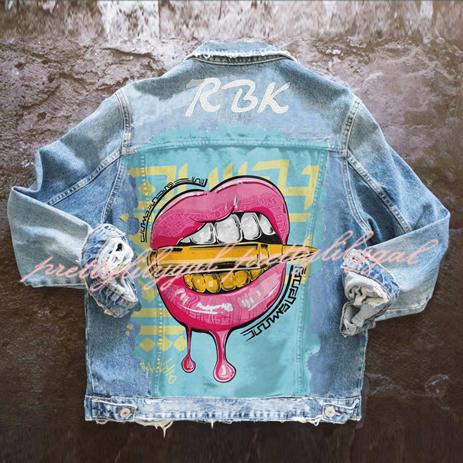 Halloween Print Long Sleeve Denim Jacket for Women - Vintage Distressed Denim Coat with Bat & Pumpkin Designs - Perfect for Halloween Costumes, Fall Fashion, and Party Outfits