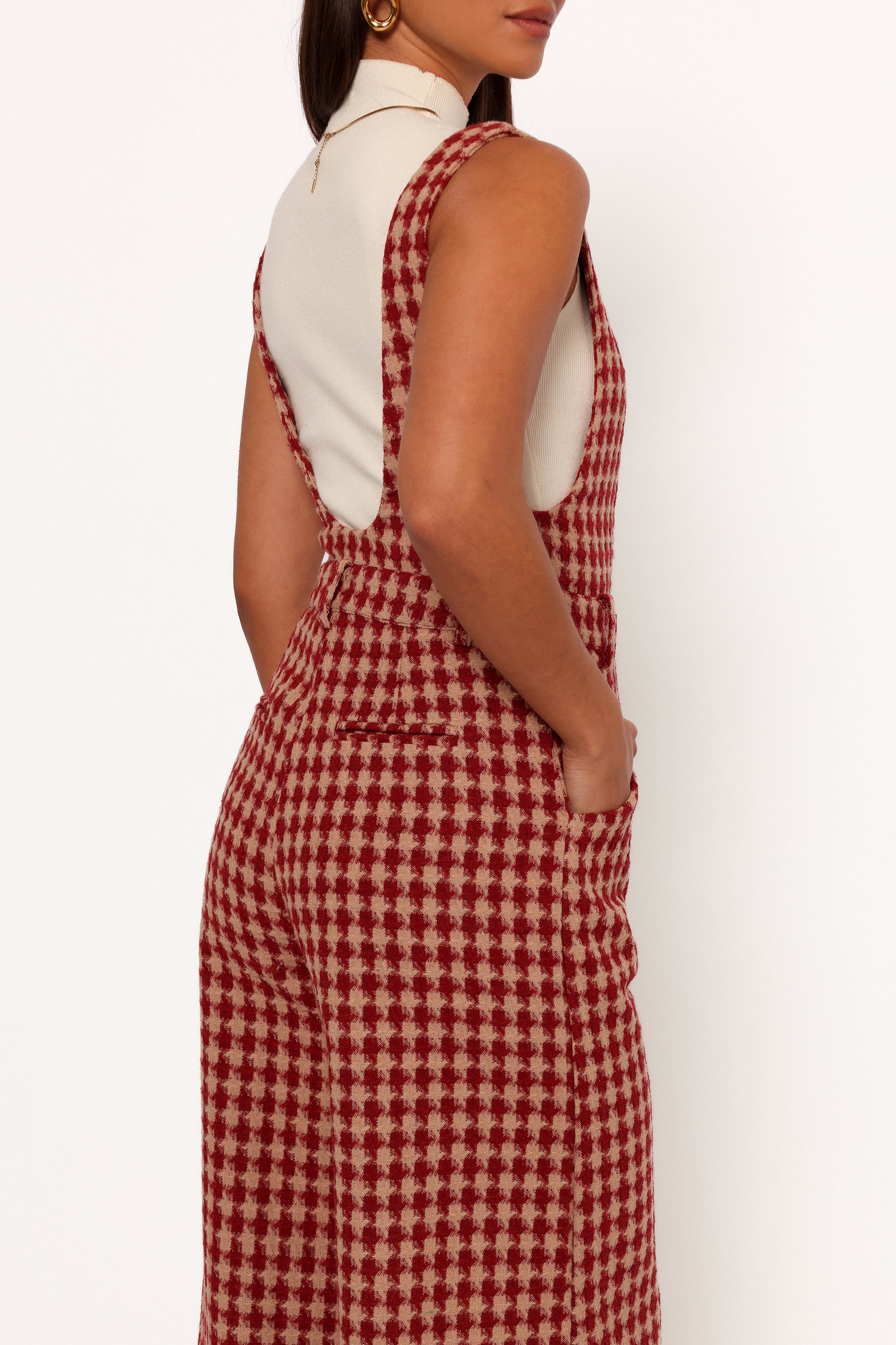 Jackson Jumpsuit - Dark Red Houndstooth Women's Romper | Vintage Style One Piece Outfit for Casual Wear, Parties & Date Nights