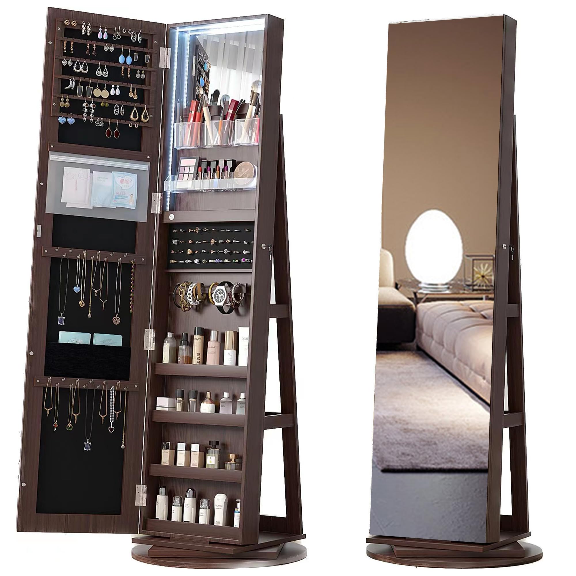 Full Length Mirror Jewelry Armoire with LED Lights - Lockable Standing Jewelry Cabinet with 360° Swivel Mirror & Storage Organizer | Perfect Gift for Women & Girls | Bedroom, Dressing Room, Closet Organization