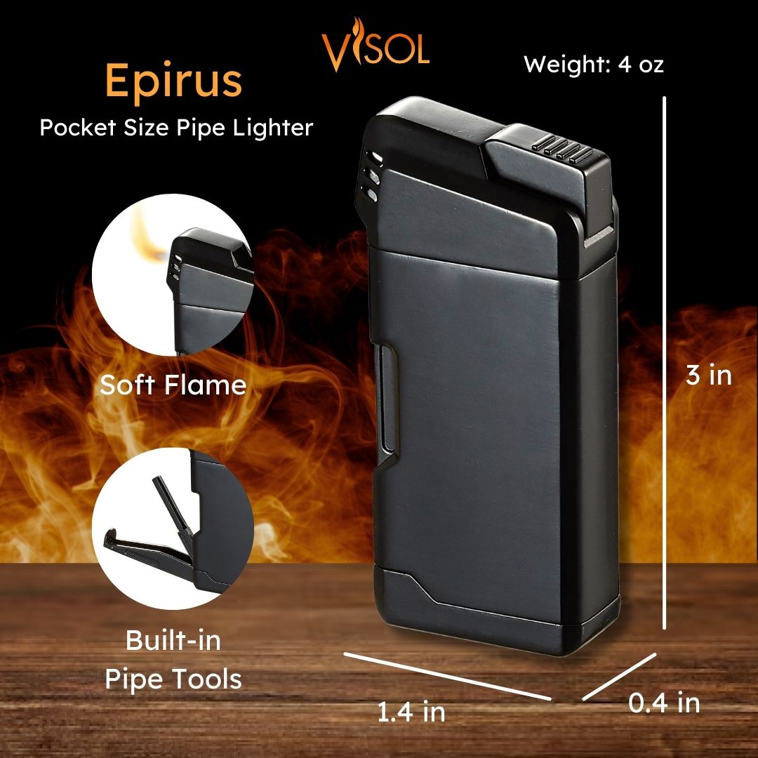 Visol Epirus Soft Flame Pipe Lighter - Black | Windproof Butane Refillable Lighter for Cigars, Pipes & Tobacco | Perfect for Outdoor Use, Camping & Travel