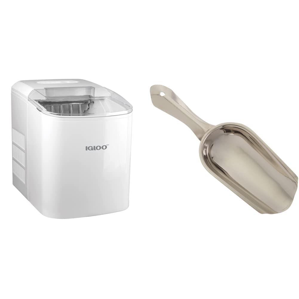Igloo Automatic Portable Electric Countertop Ice Maker Machine with Winco Stainless Steel 4oz Ice Scoop - Fast Ice Production for Home, Office, Parties & Outdoor Events