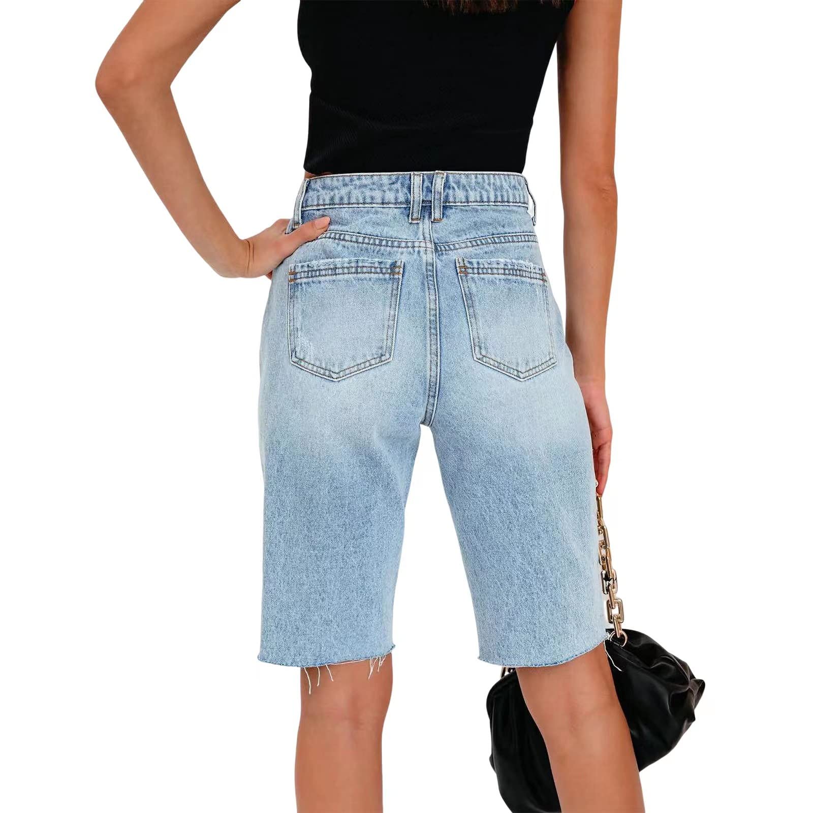 Sumleno 2025 Women's High Waist Bermuda Denim Shorts - Distressed Straight Leg Y2K Style, Knee Length Ripped Raw Hem Jean Shorts for Casual Wear, Summer Outfits & Street Fashion