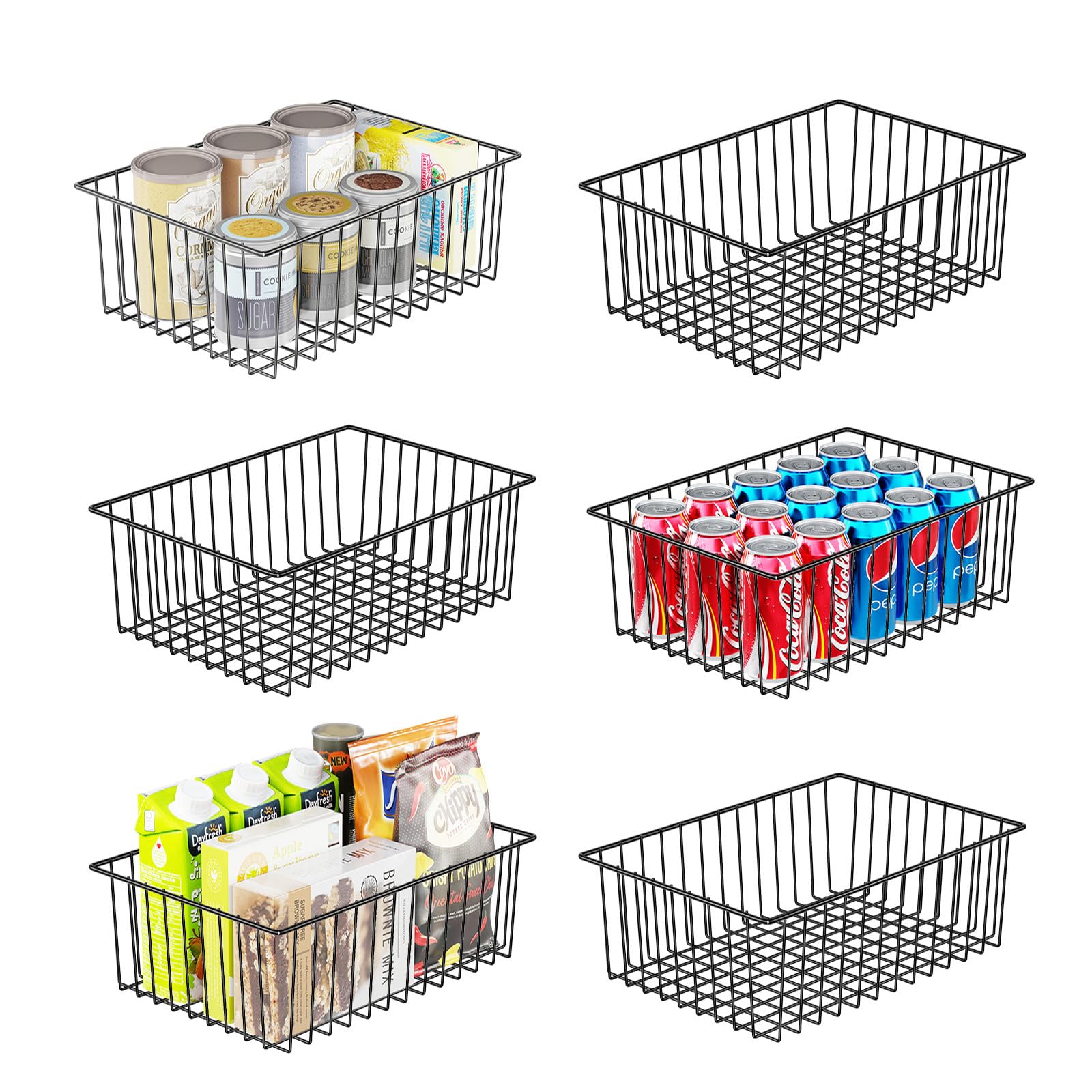 6 Pack Large Wire Baskets for Organization - Metal Pantry Storage Baskets for Cabinet, Kitchen, Garage & Bathroom - Black | Perfect for Home, Office & Retail Storage Solutions