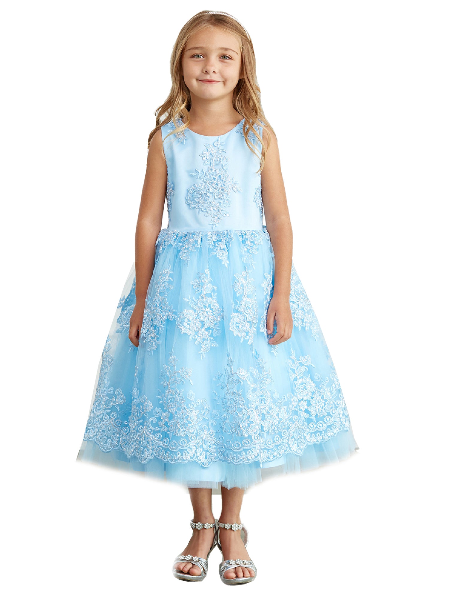 Sky Blue Metallic Lace Overlay Tulle Junior Bridesmaid Dress for Big Girls Size 8-16 - Perfect for Weddings, Prom, Quinceañera & Special Occasions